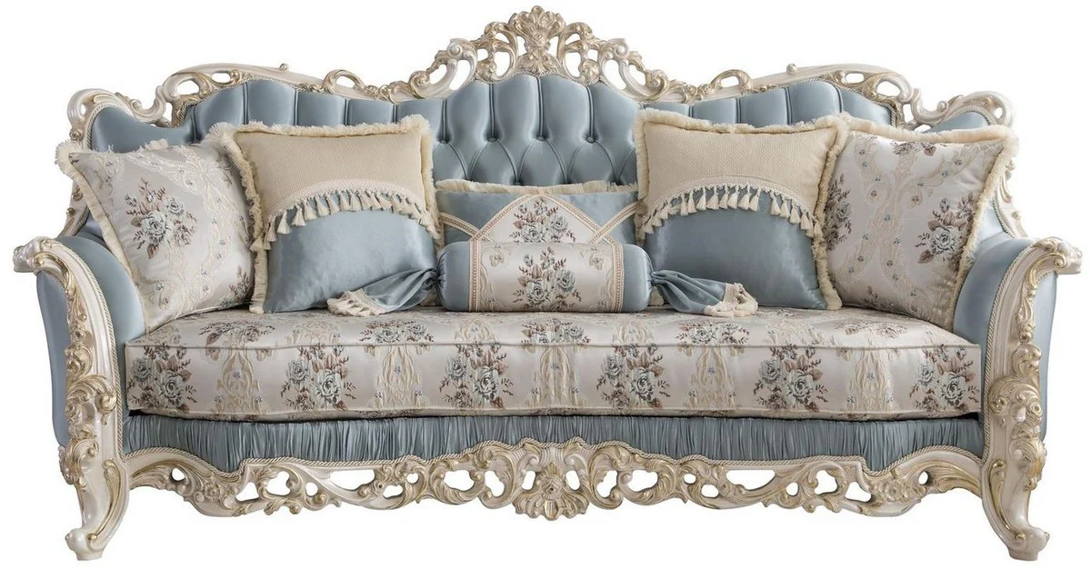 Luxury Baroque Living Room Set Light Blue / Cream / White / Gold - 2 Sofas & 2 Armchairs & 1 Coffee Table - Noble Baroque Living Room Furniture