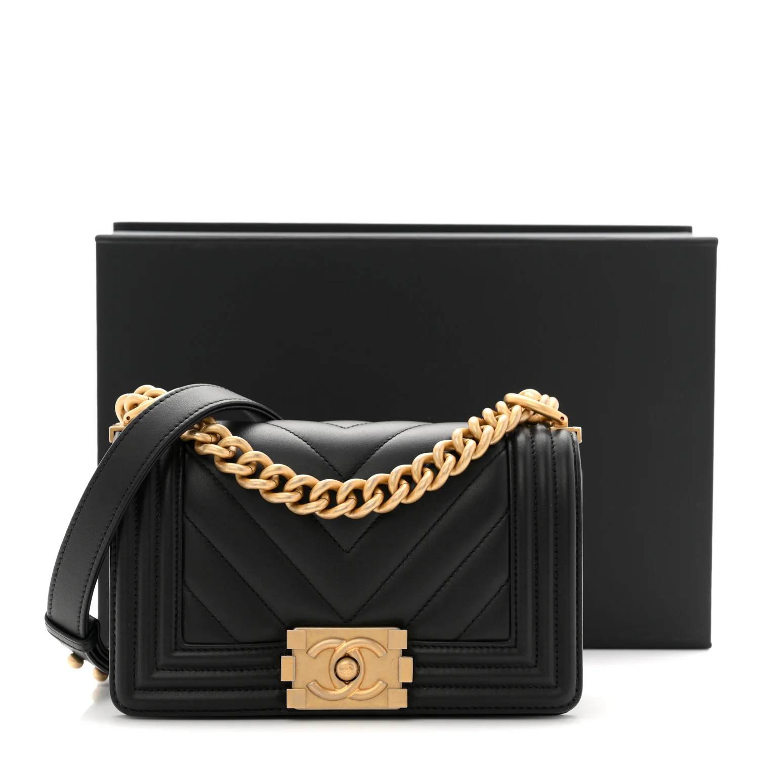 Calfskin Chevron Quilted Small Boy Flap Black - Top Club