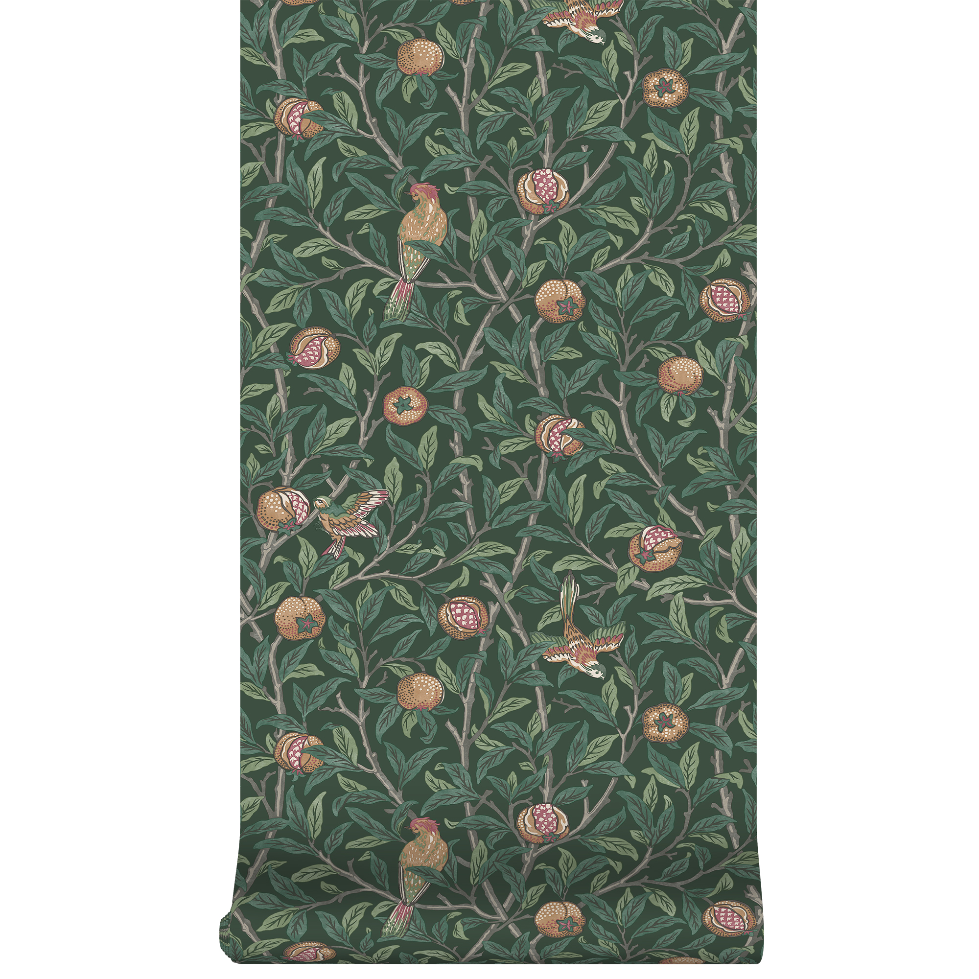 Vliesbehang bird & pomegranate deep green
