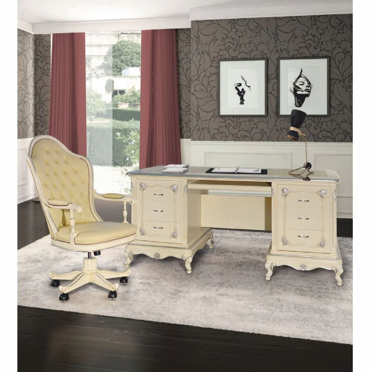 Luxury Baroque Chesterfield Leather Desk Chair Cream / Silver - Made in Italy