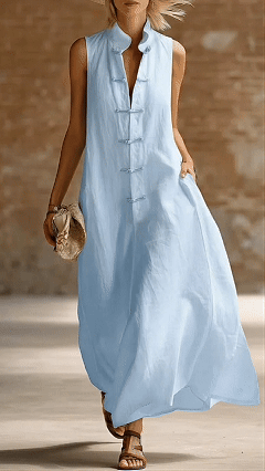 Women's Loose-Fit Stand-Collar Linen-Cotton Dress - Nordfashionstorm - Women's Clothing, Fashion for You - Nordfashionstorm.com