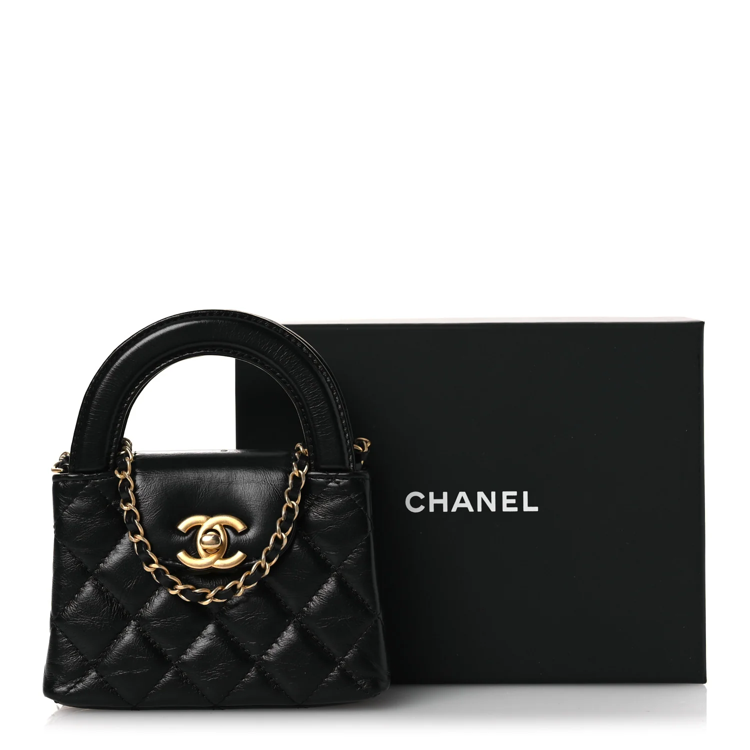 Shiny Aged Calfskin Quilted Mini Nano Kelly Shopper Black - Top Club