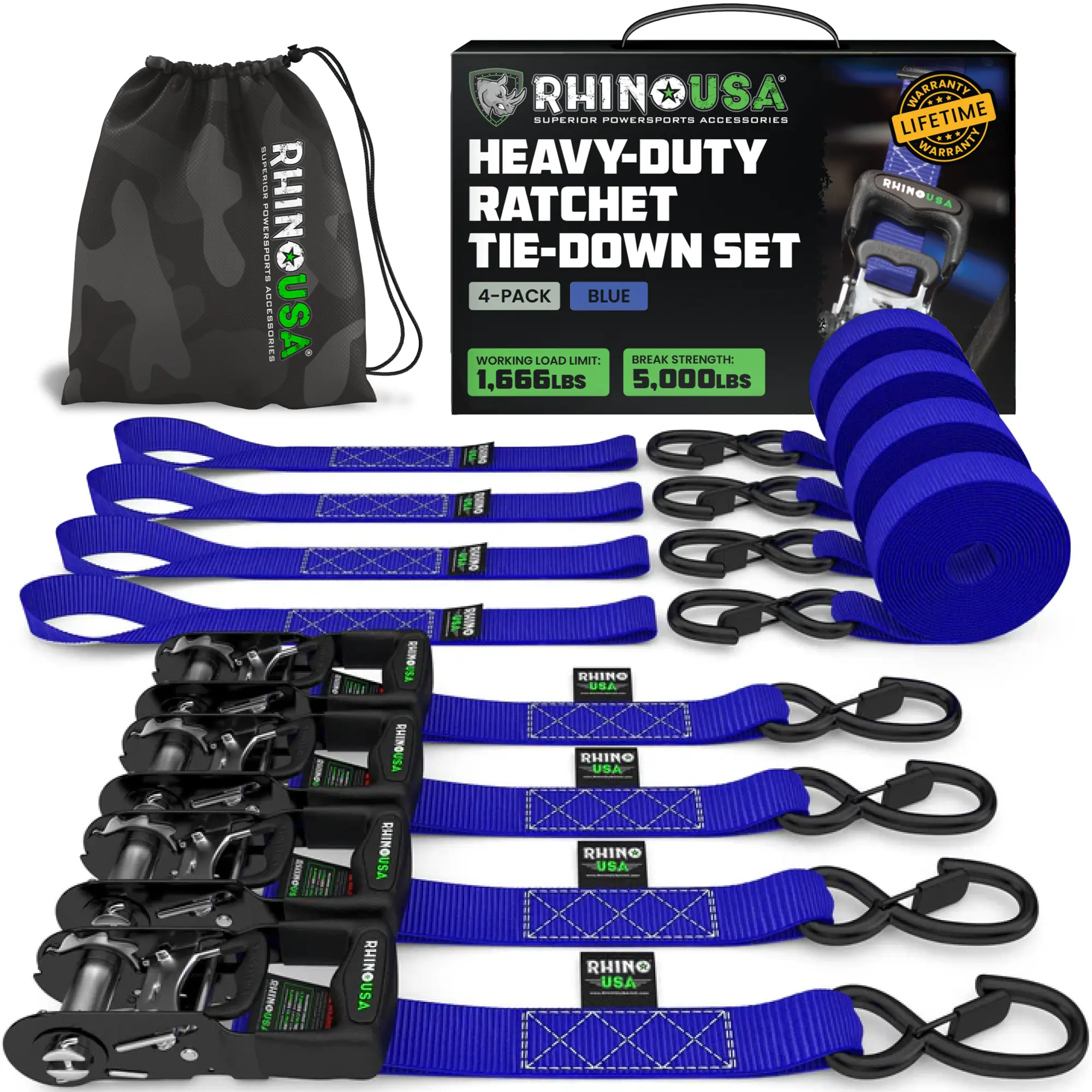 Rhino USA TRADITIONAL Ratchet Straps Heavy Duty Kit - 1.6 Inch x 8ft -15ft (5,208lb Break Strength) 2-4 pack