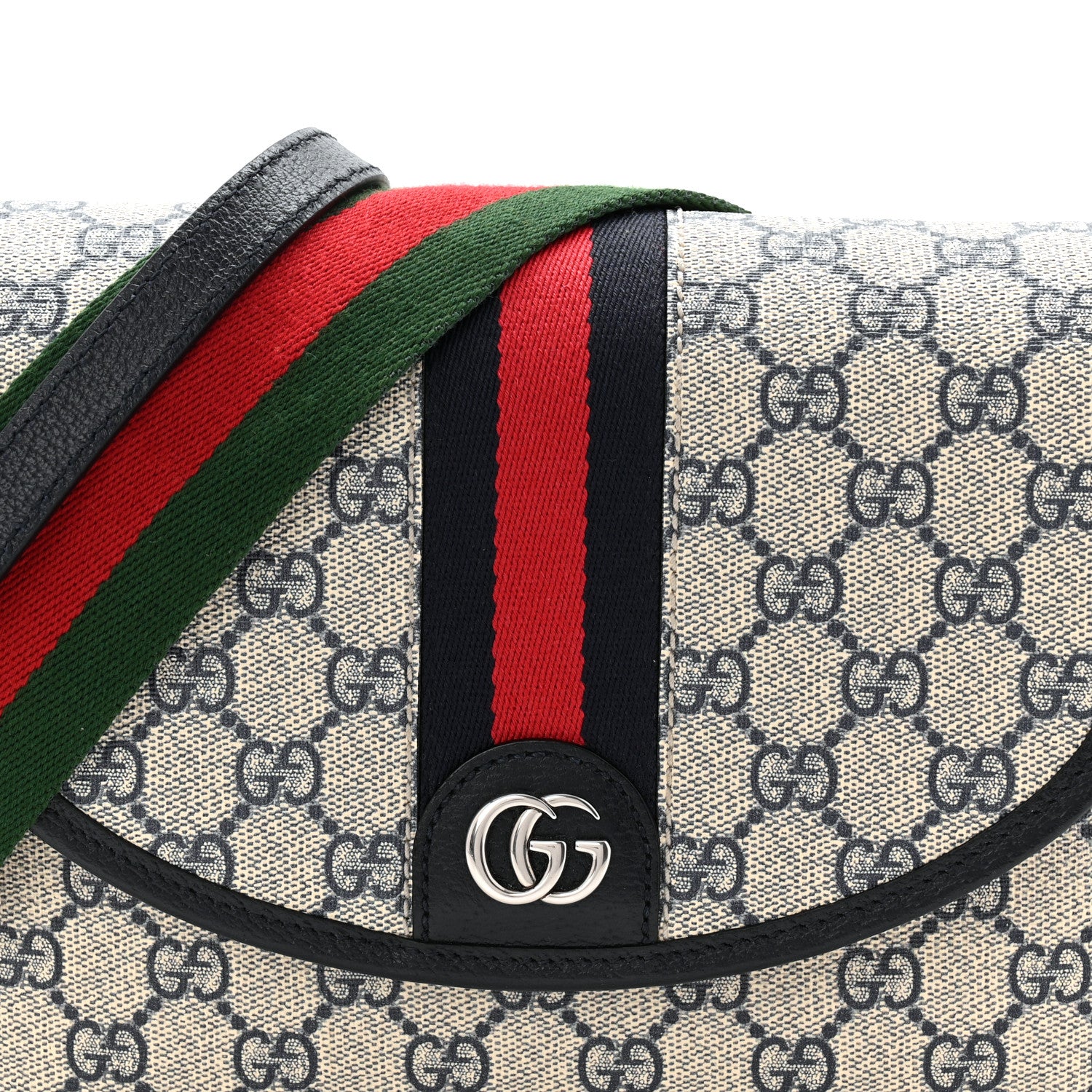GG Supreme Monogram Textured Dollar Calfskin Web Studded Mini Ophidia Flap Shoulder Bag Beige Blue - Top Club
