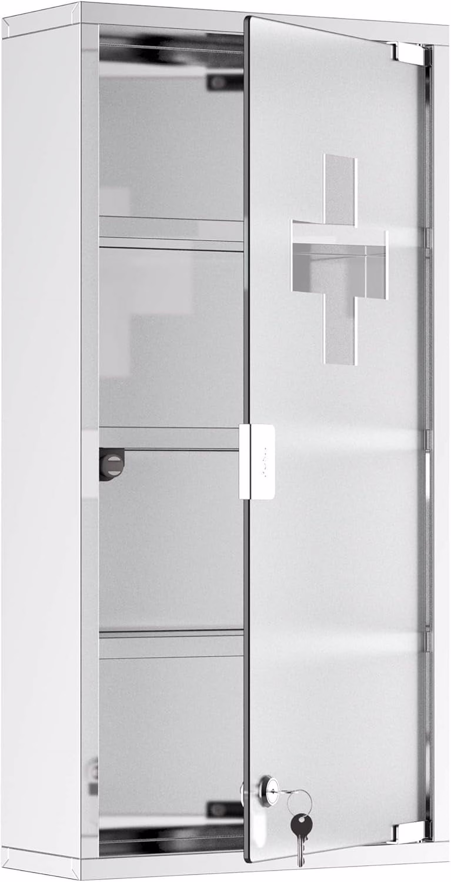 BOBOKY Wall Mounted Medicine Cabinet, Locking Wall Cabinet with 4 Tier Shelves, Stainless Steel Frame and Glass Door, Lockable with 2 Keys, Silver,12" x 24"
