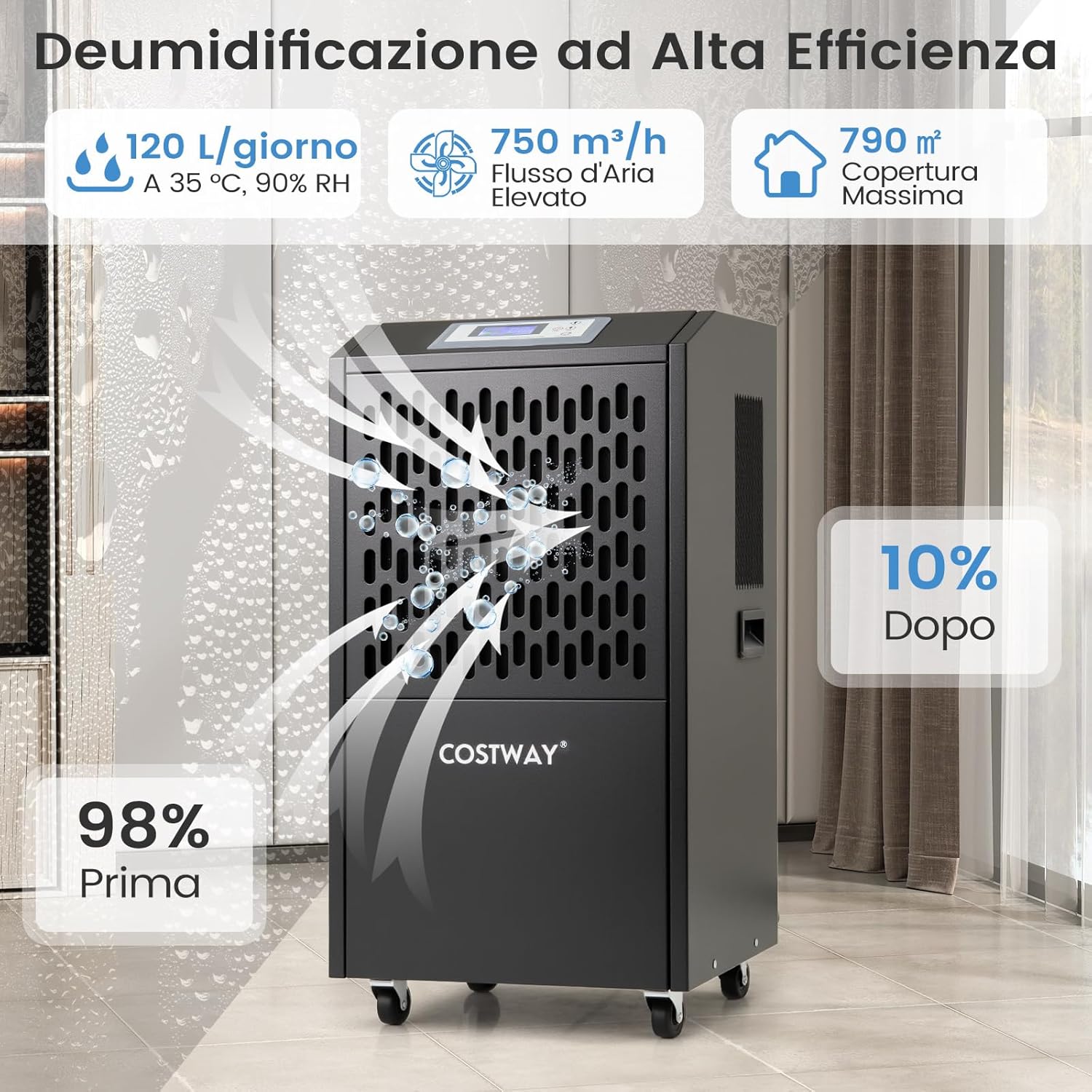 COSTWAY 118L Deumidificatore Commerciale con Tubo di Scarico, Deumidificatore Industriale con Timer 24H e 4 Ruote, per Scantinati Magazzini e Grandi Spazi Fino a 790㎡ (Nero)
