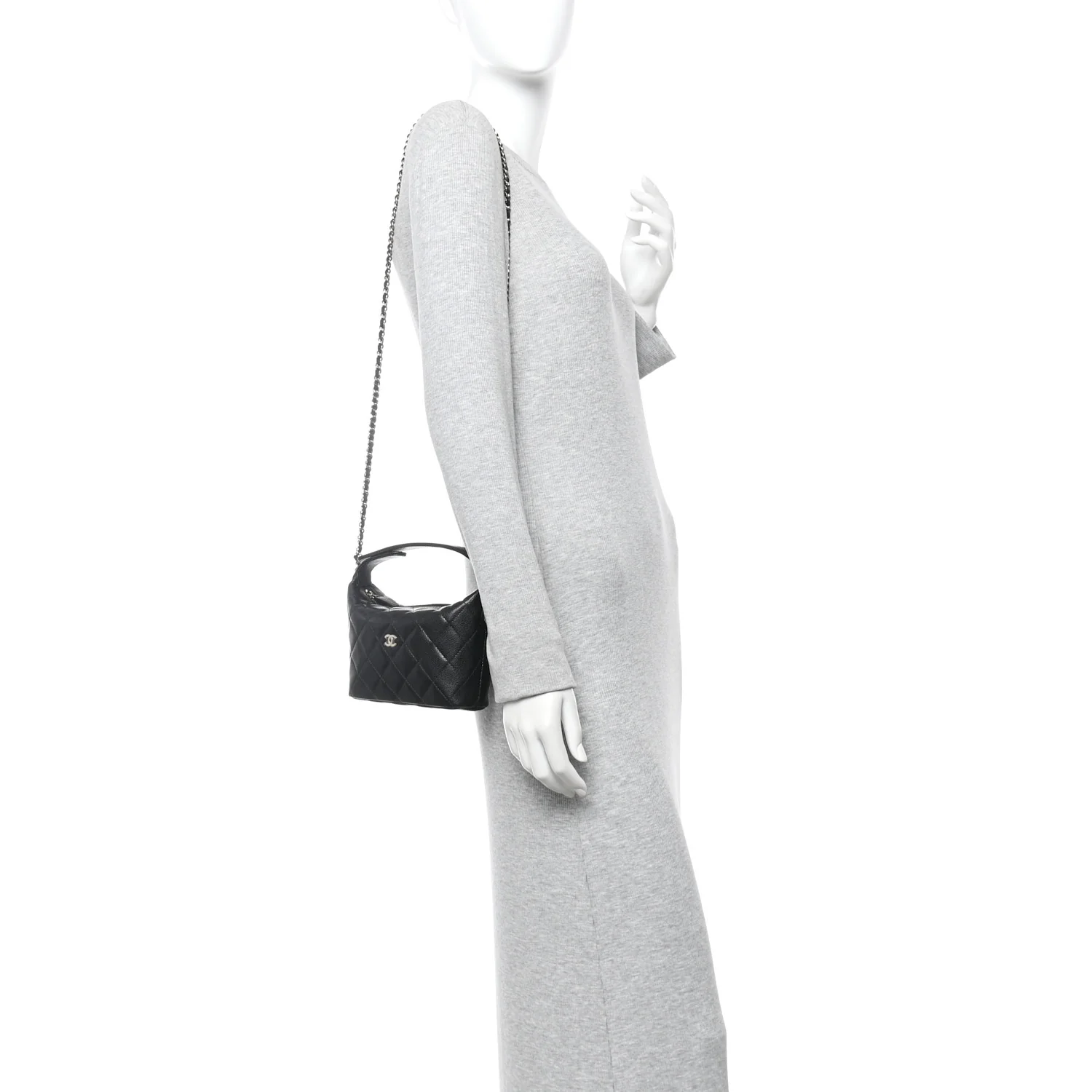 Caviar Quilted Hobo Clutch With Chain  Black