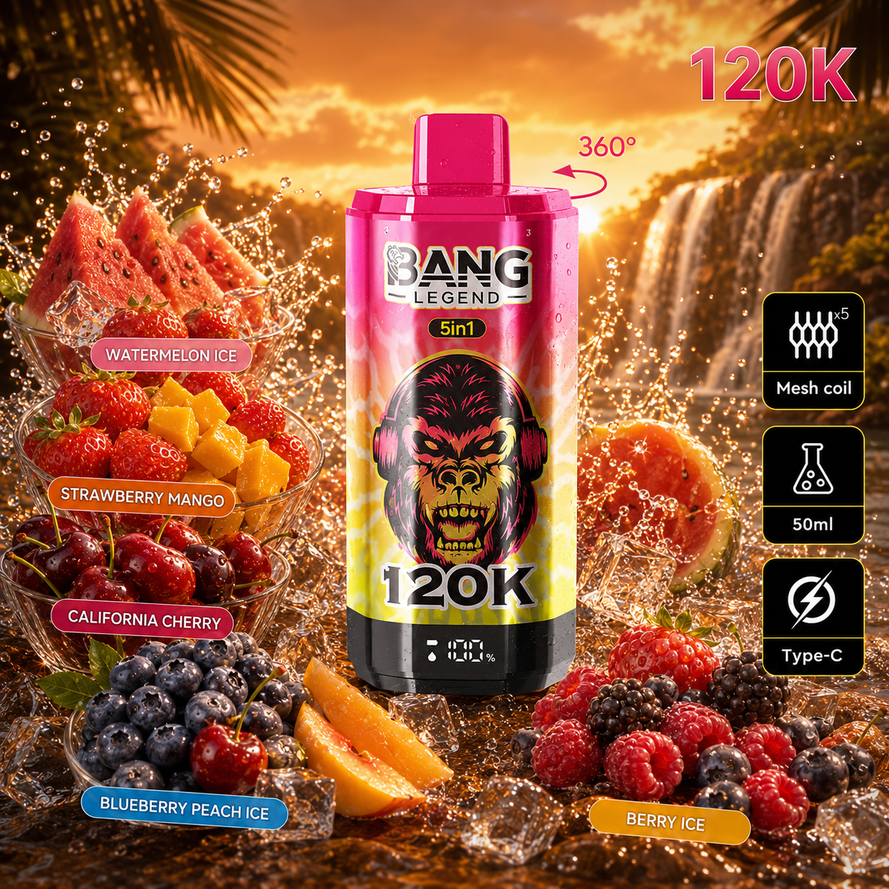 Ledový meloun + Jahoda a mango + Kalifornská višeň + Ledová borůvka a broskev + Ledové bobule | Bang Legend vape 120 000 potahů