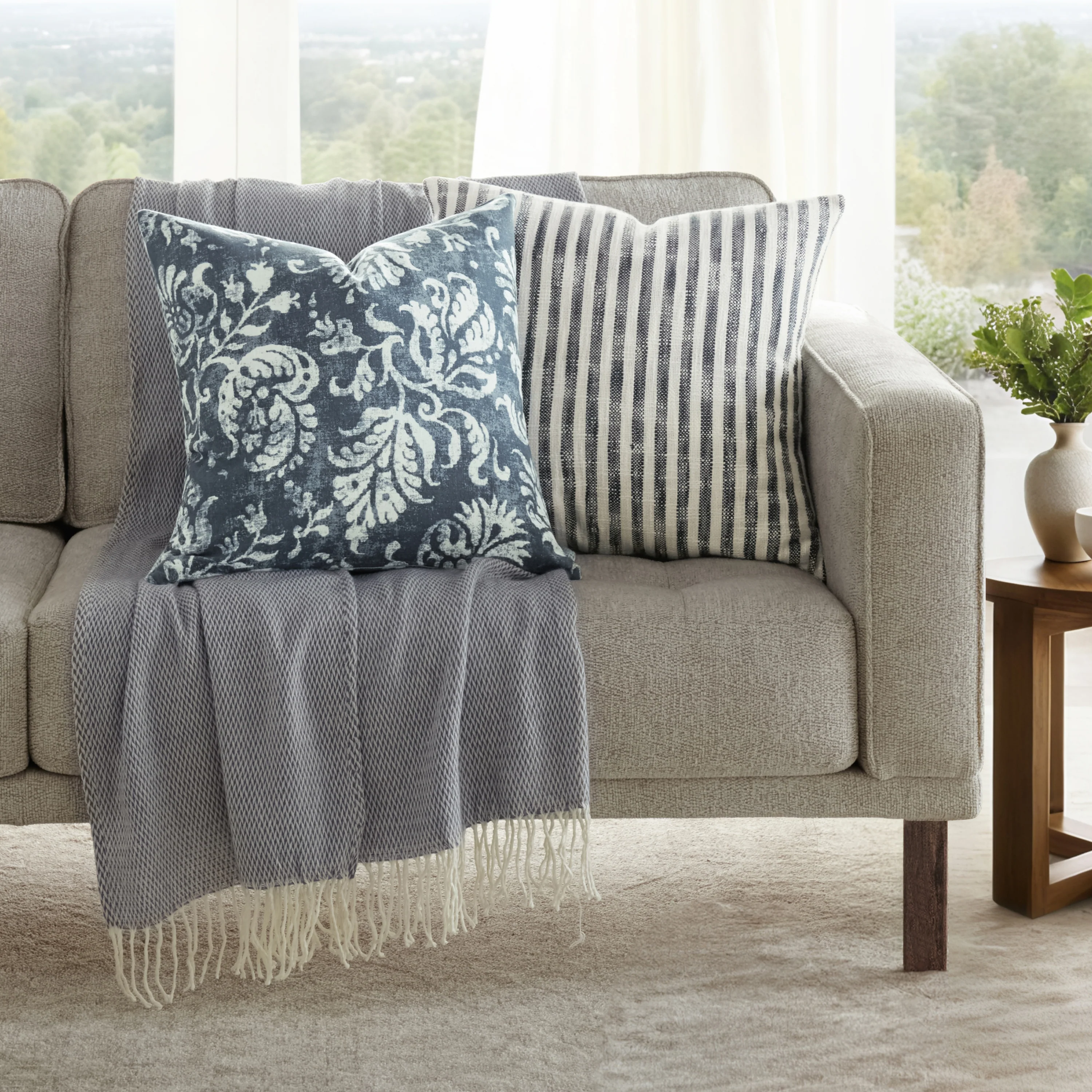 2-Pack Yarn-Dyed Bengal Stripe / Distressed Floral Décor Throw Pillows
