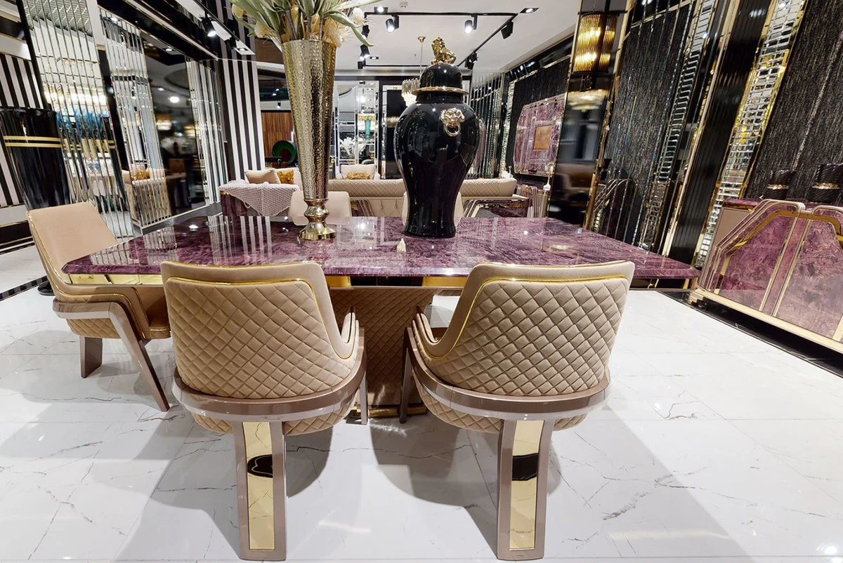 Luxury Art Deco dining table purple / beige / gold - handmade solid wood kitchen table with marble look table top - Art Deco dining room furniture