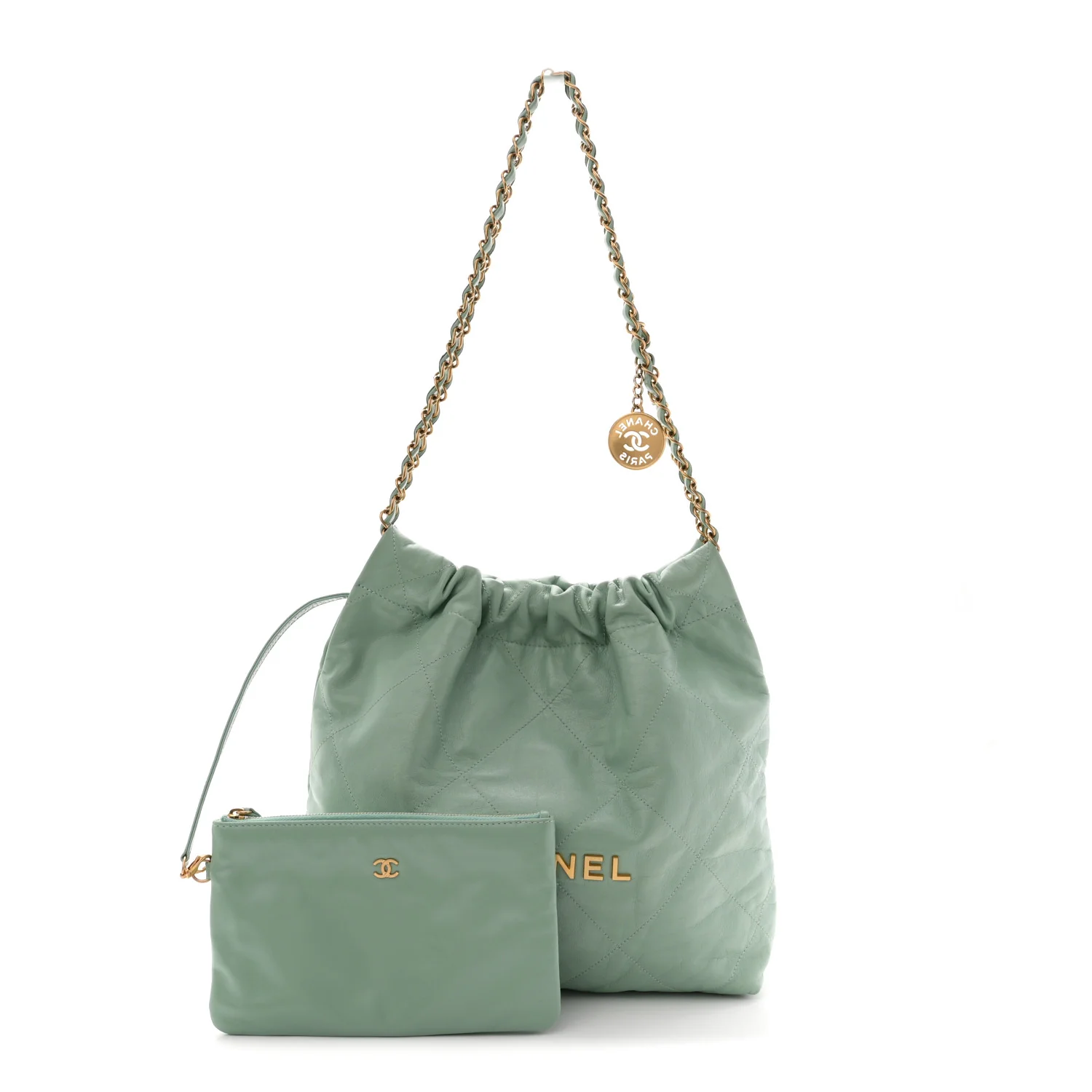 Shiny Calfskin Quilted Small Chanel 22 Light Green - Top Club