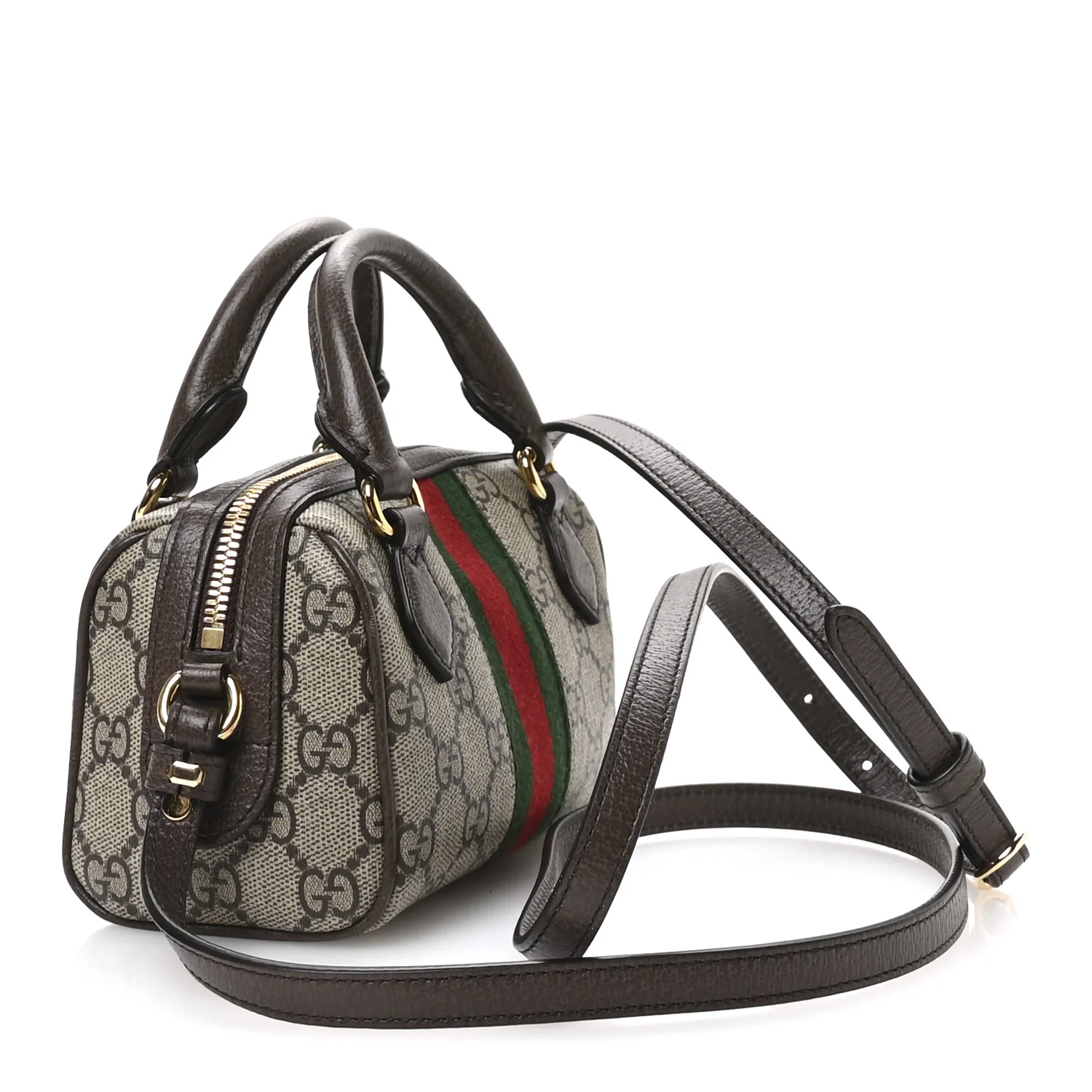 GG Supreme Monogram Textured Dollar Calfskin Web Super Mini Ophidia Top Handle Bowler Bag Beige Ebony New Acero - Top Club