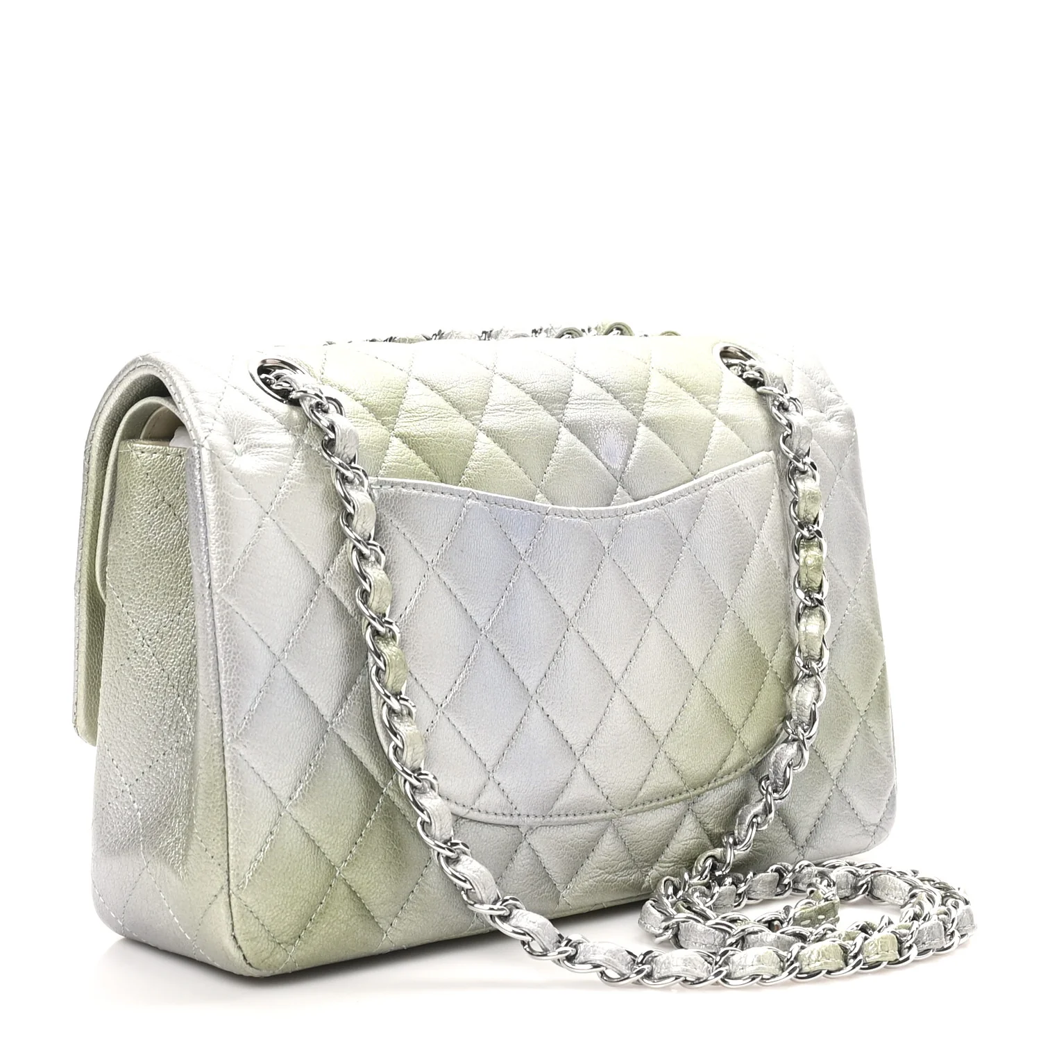 Metallic Goatskin Quilted Ombre Medium Double Flap Grey Green - Top Club