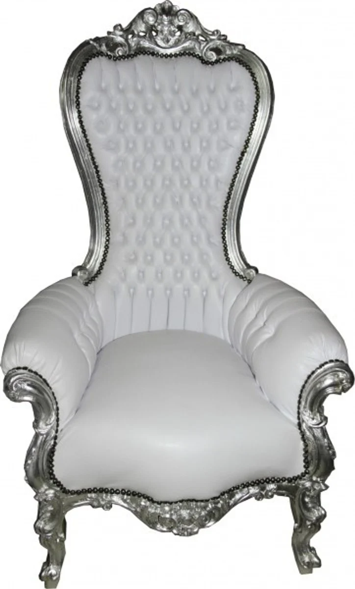 Baroque throne armchair Majestic Medium white leather look / silver - giant armchair - throne chair Tron