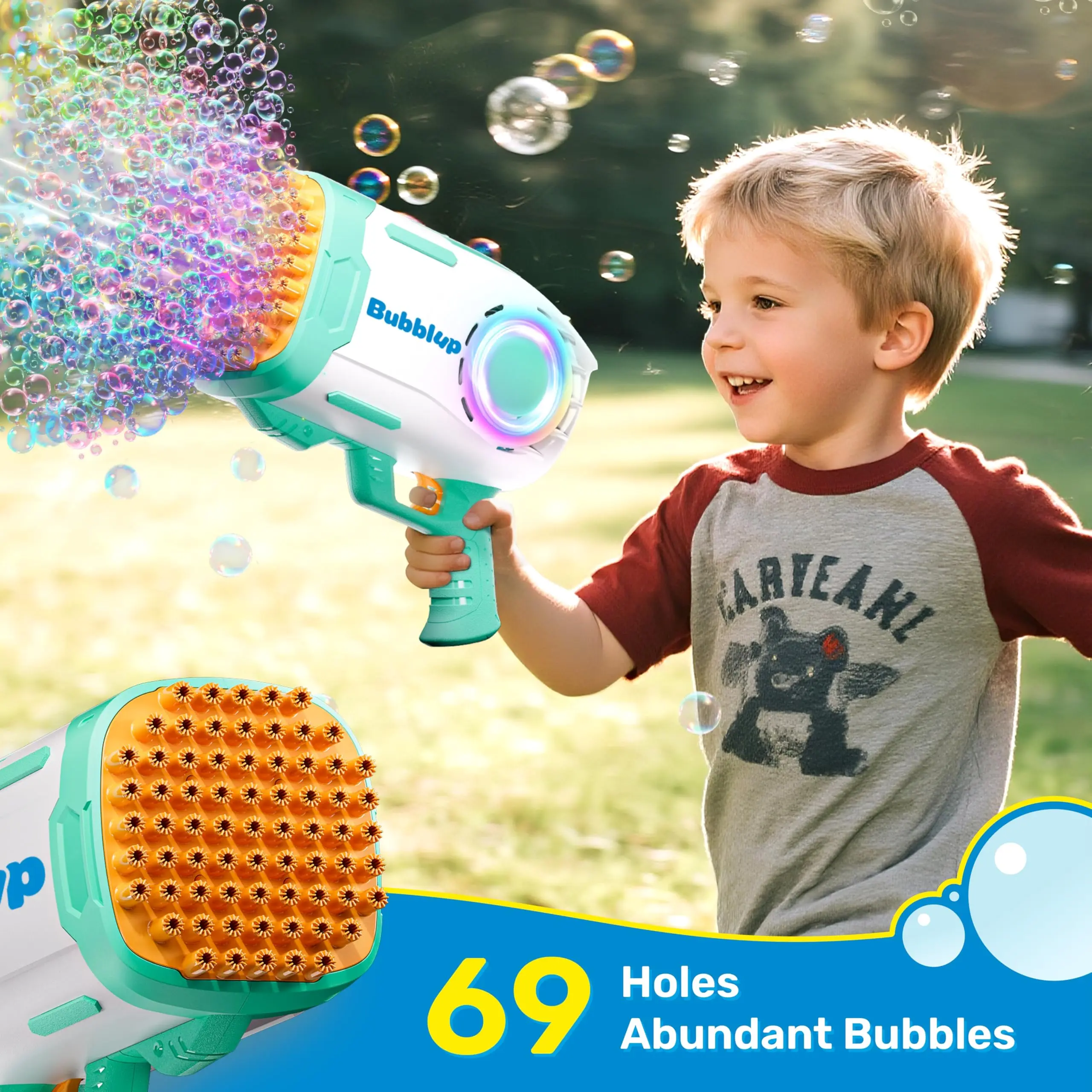 Play-Act 69 Holes Bubble Machine Guns Toys, Bazooka Rocket Shape Bubble Gun for Kids Adults, Colored Lights Blaster Blower with Solution for Outdoor, Summer Toys, Party Favors, Wedding, Birthday, Easter DealsForYouDays