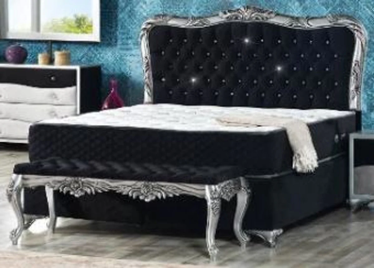 Baroque velvet bed black / silver - magnificent double bed with rhinestones and mattress - baroque bedroom furniture