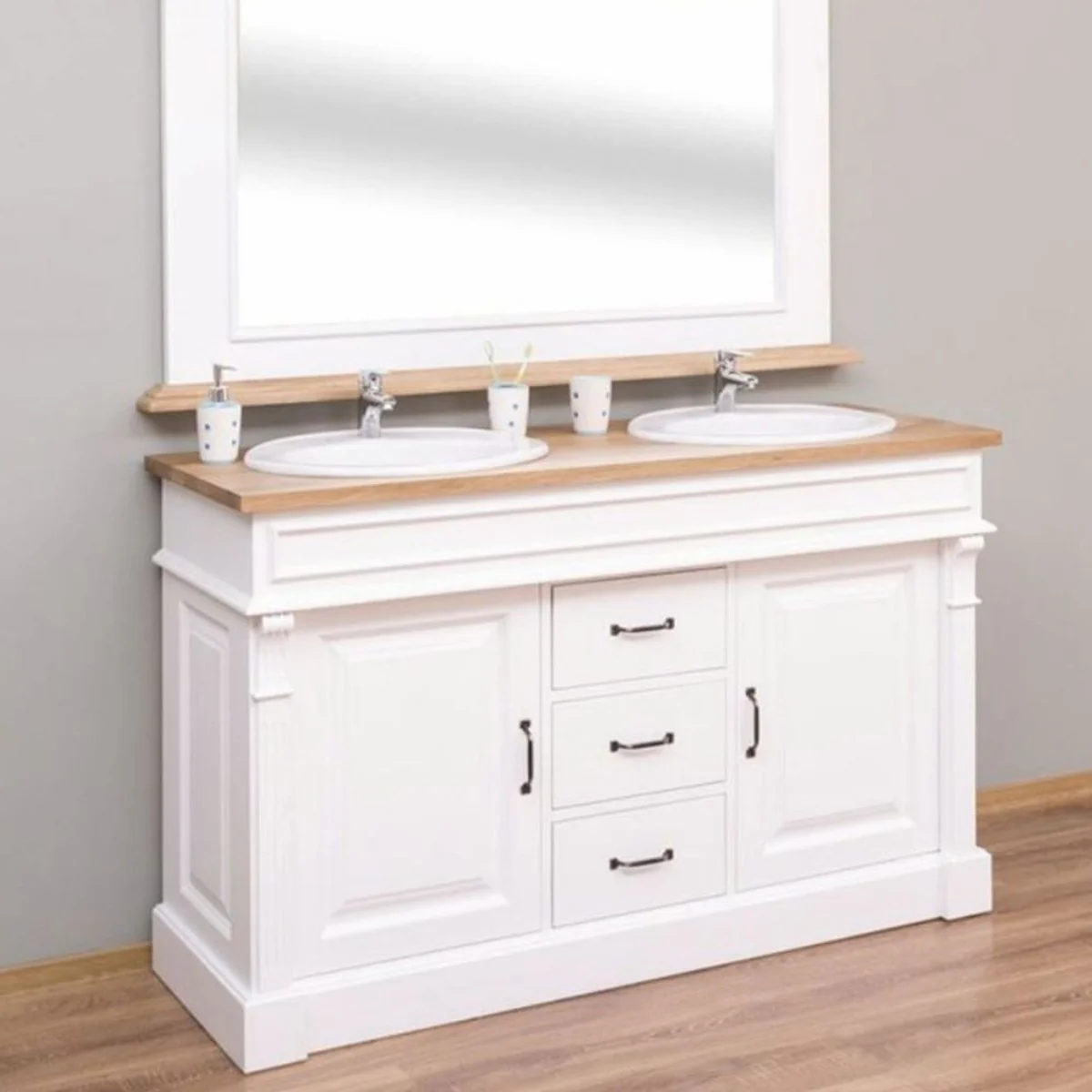 Country house style double washbasin cabinet white / natural color 150 cm