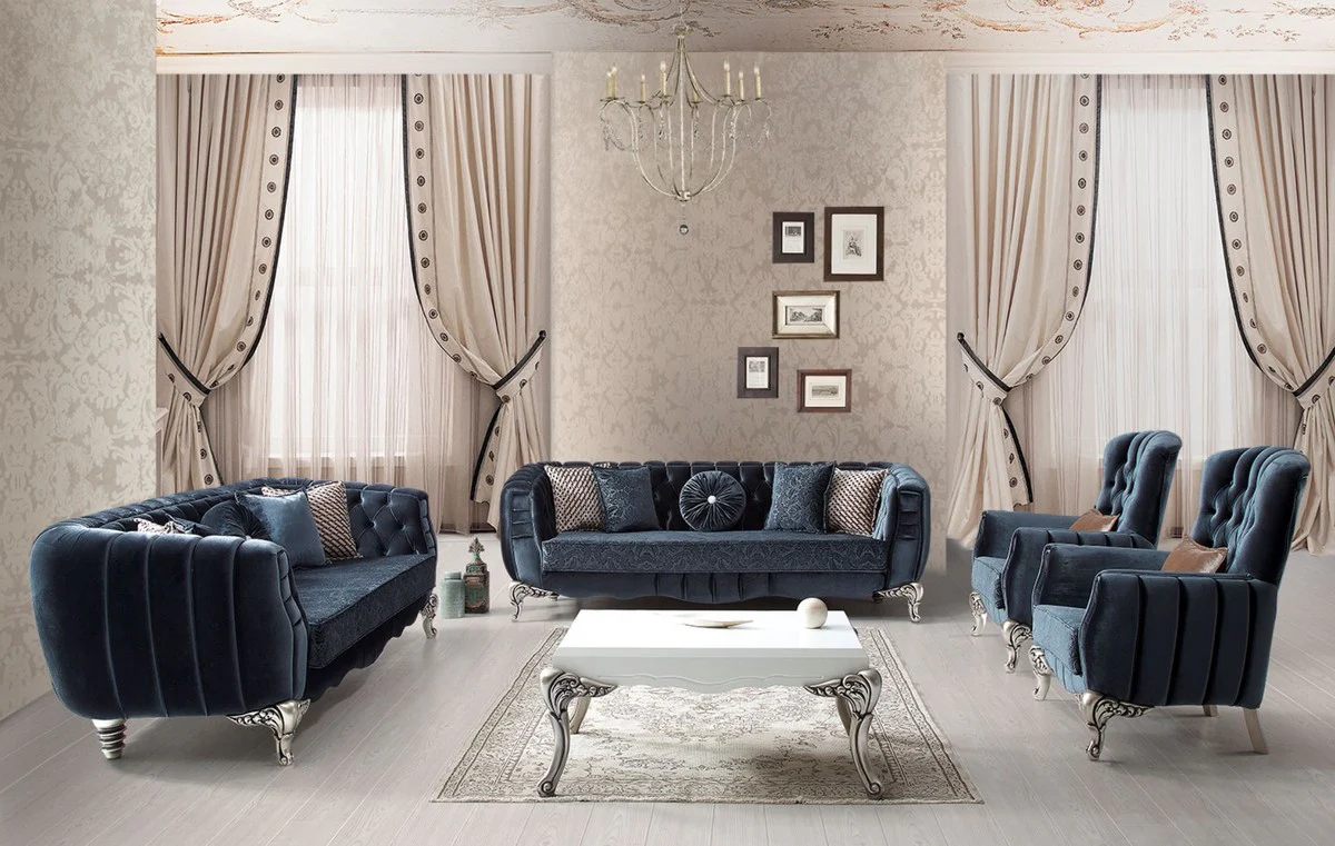 Luxury baroque living room set blue / silver - 2 sofas & 2 armchairs & 1 coffee table - Elegant living room furniture in baroque style