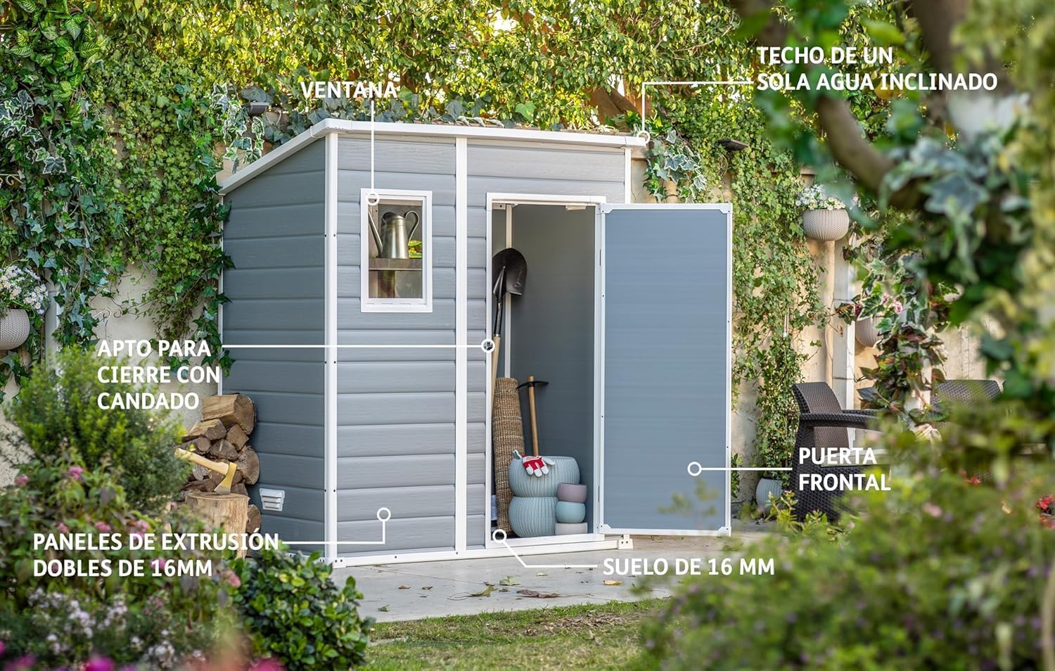 Keter Casetta da giardino Manor Pent 6x4, Finitura Effetto Legno Graffiato, Grigia, 183,5x111x200,5 H Cm