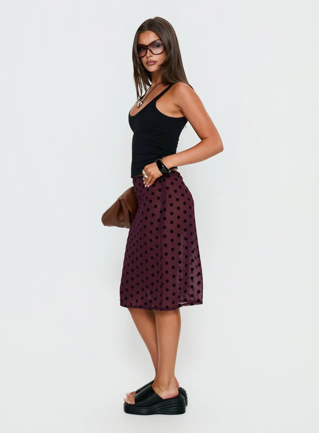 Evani Sheer Chiffon Midi Skirt Polka Maroon