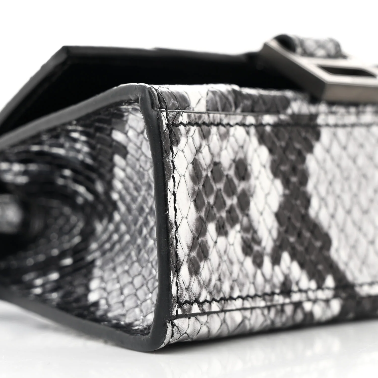 Shiny Calfskin Snakeskin Effect Hourglass Top Handle Bag Mini Silver Black - Top Club