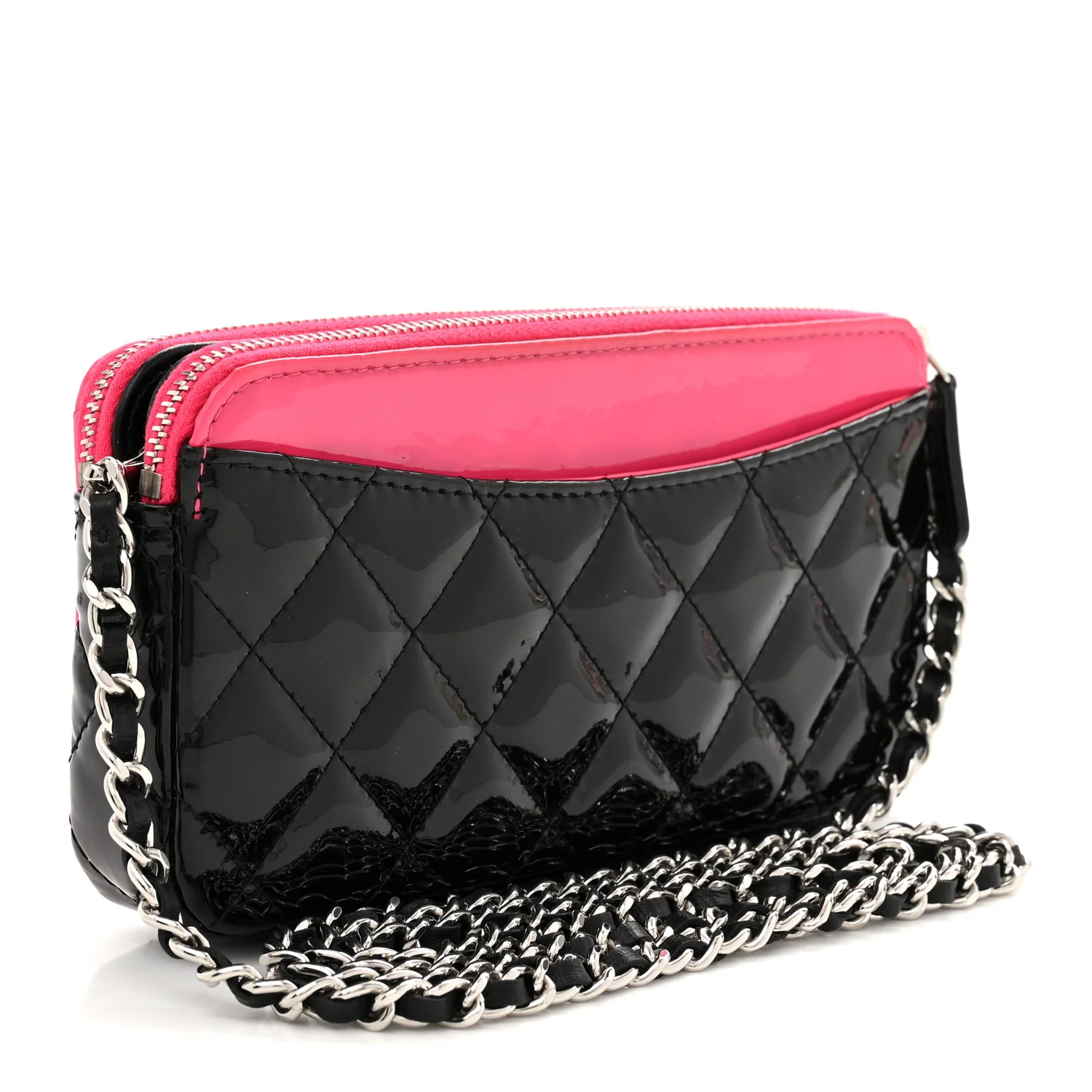 Patent Quilted Small Clutch With Chain Pink Black - Top Club