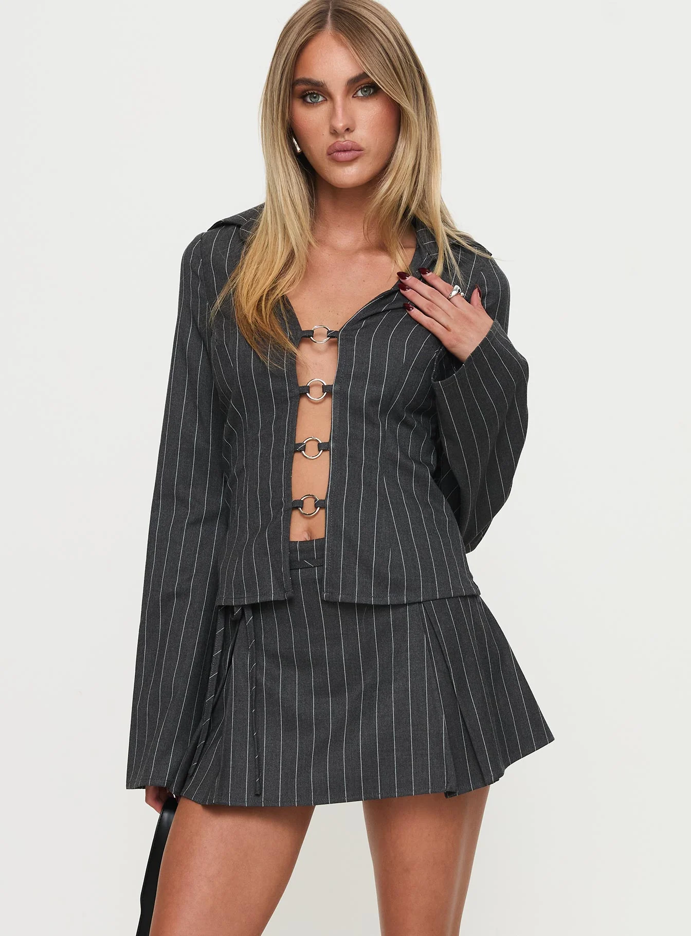 Saraya Pleat Mini Skort Grey Pinstripe