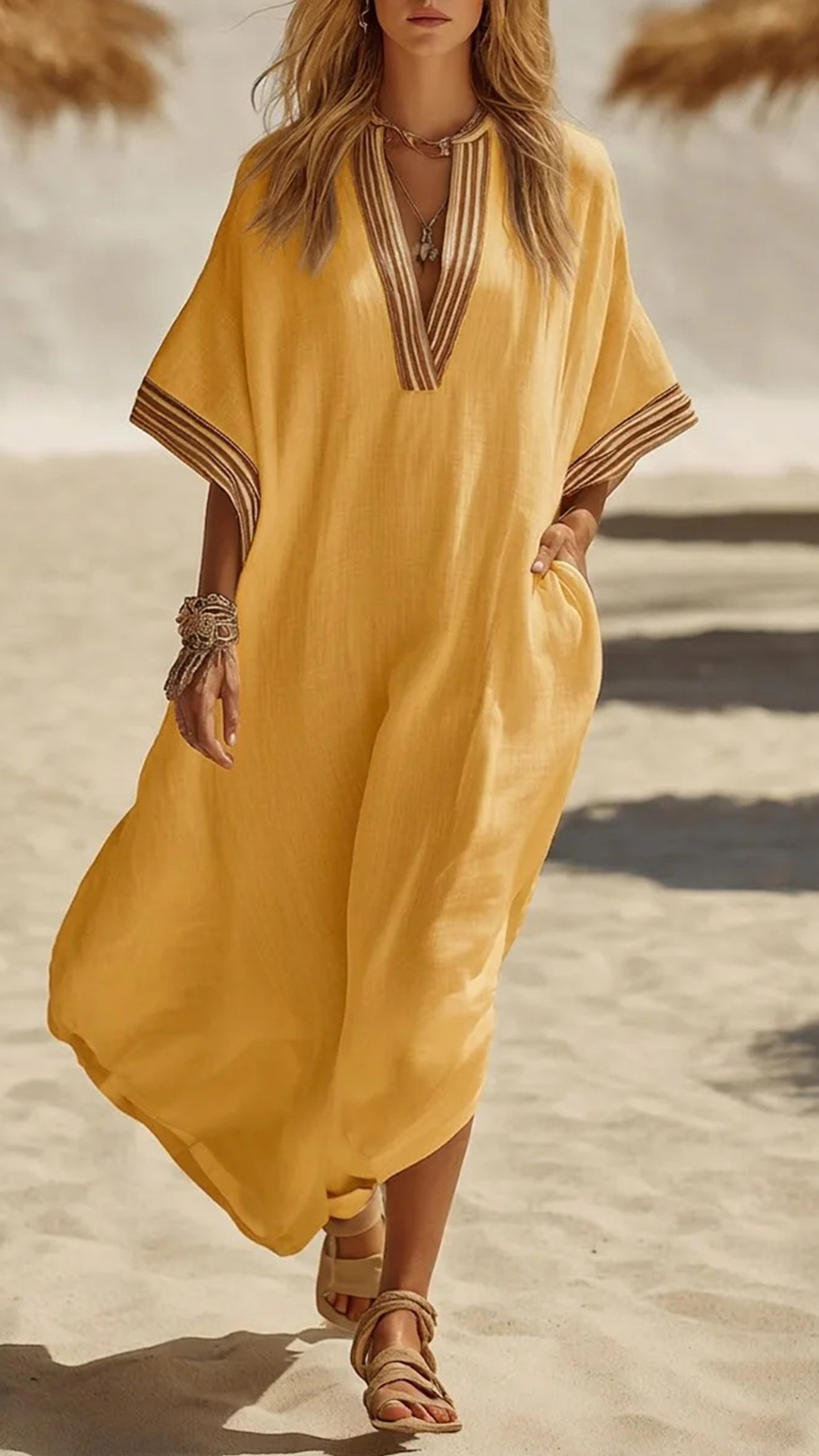 Women's Striped Trim Cotton-Blend Kaftan Dress - Nordfashionstorm - Women's Clothing, Fashion for You - Nordfashionstorm.com