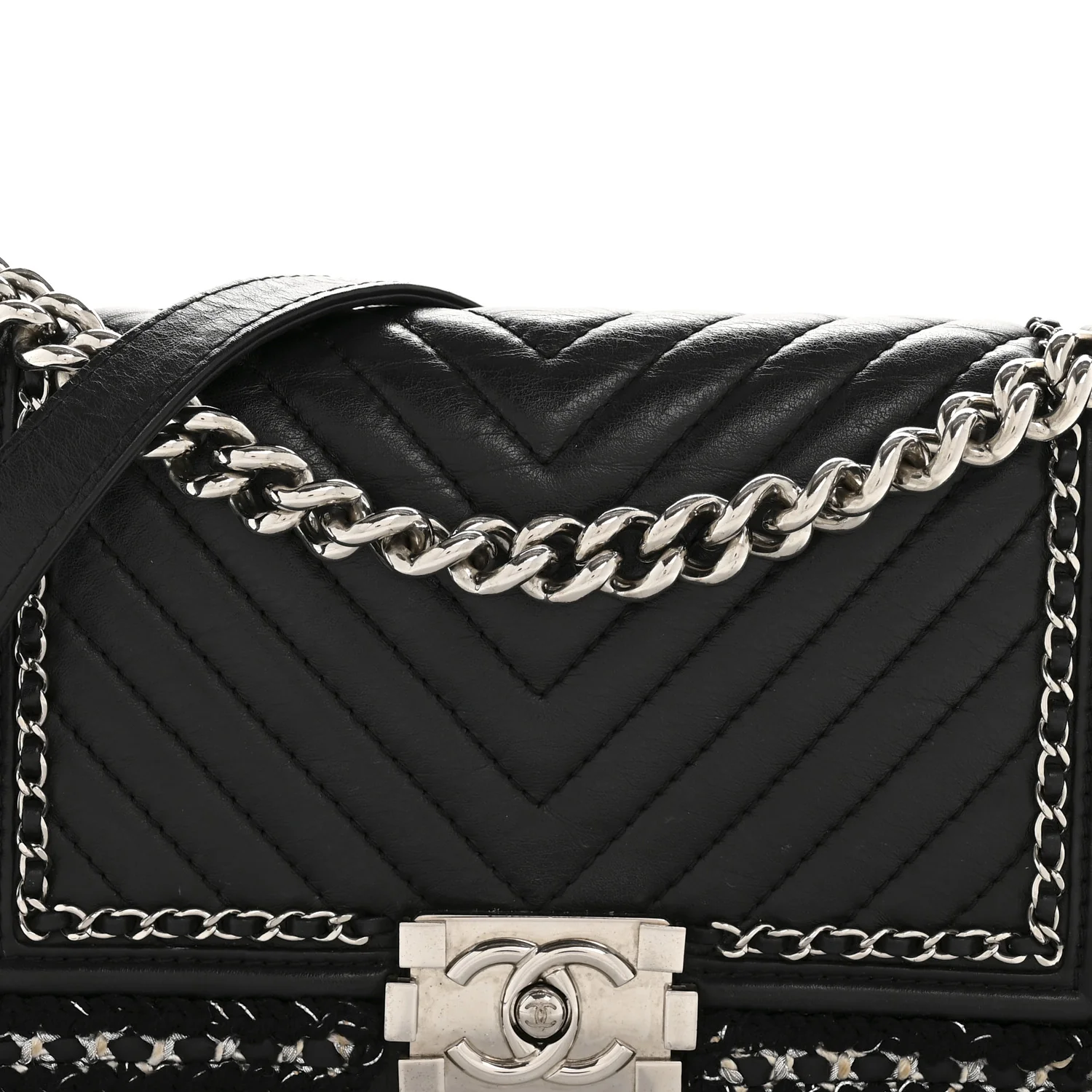 Calfskin Chevron Tweed Medium Boy Flap Black - Top Club