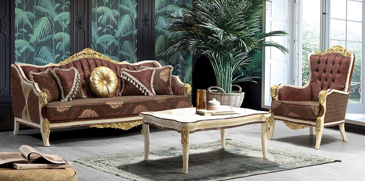 Luxury Baroque Living Room Set Bordeaux Red / Gray / White / Gold - 2 Sofas with Pattern & 2 Armchairs with Pattern & 1 Coffee Table - Magnificent Baroque Living Room Furniture