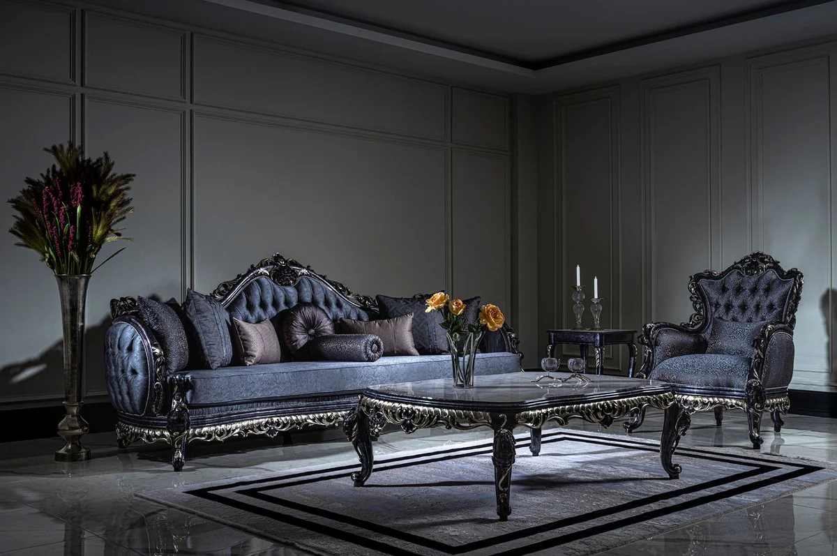 Luxury baroque living room set white / blue / gold - 2 sofas & 2 armchairs & 1 coffee table - magnificent living room furniture in baroque style