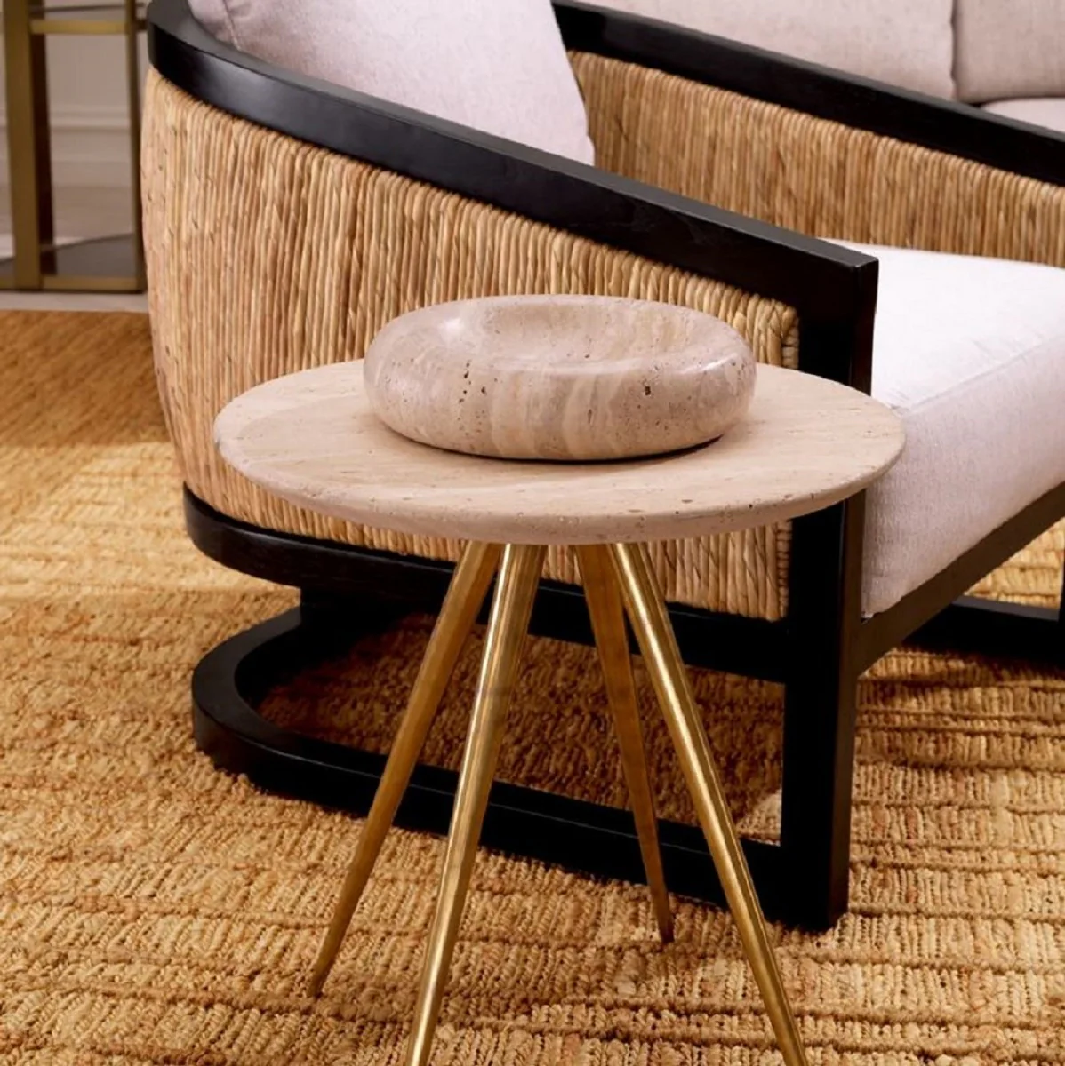 Luxury side table with travertine table top beige / vintage brass Ø 45.5 x H. 47.5 cm
