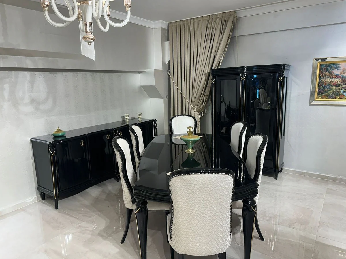 Luxury Baroque Dining Room Set Cream / Black / Gold - 1 Dining Table & 6 Dining Chairs