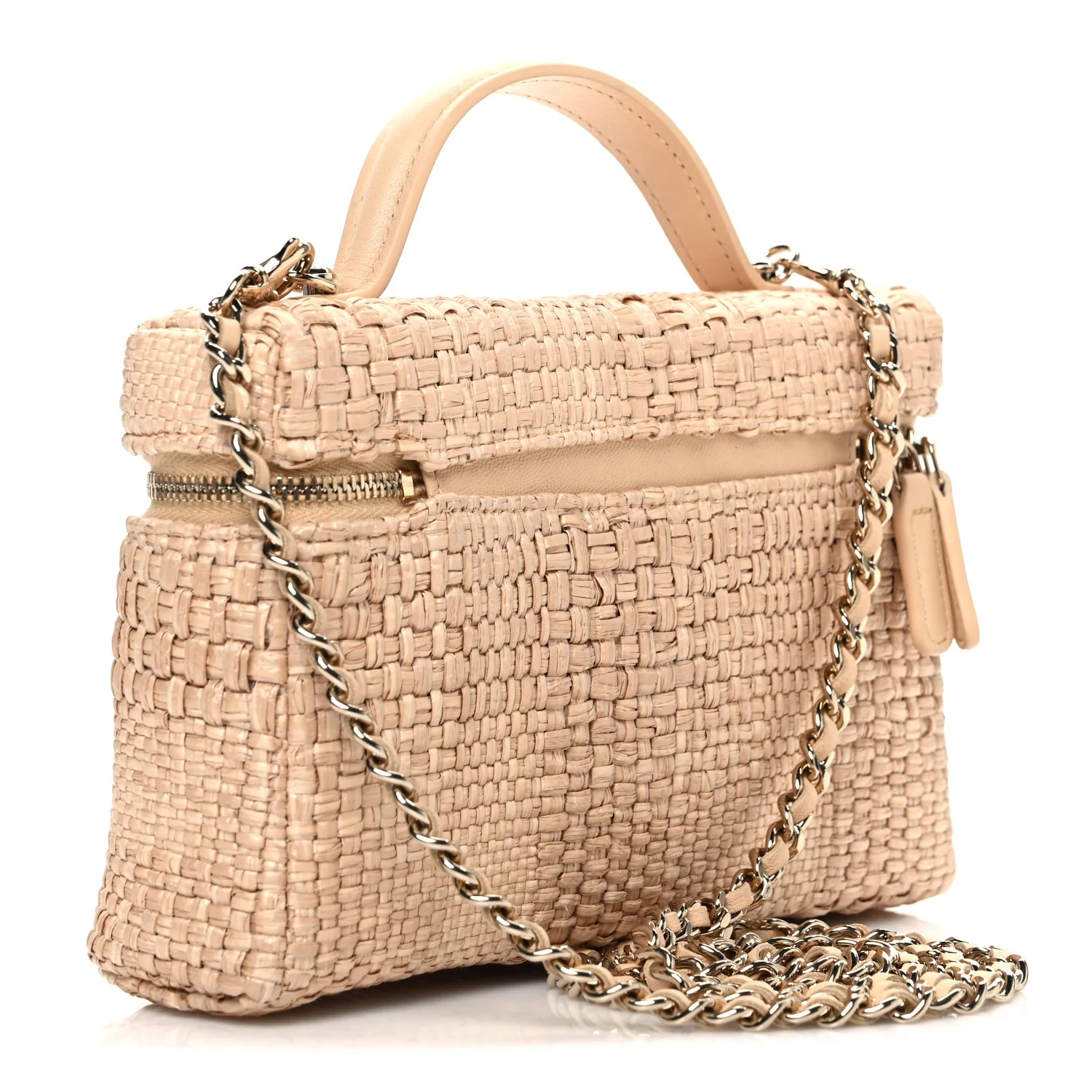 Braided Raffia Quilted Top Handle Slim Vanity Case With Chain Beige