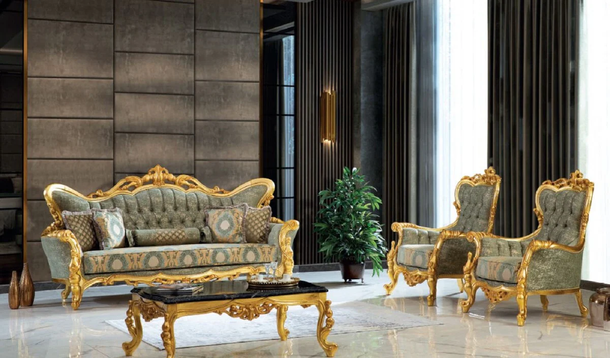 Luxury Baroque Living Room Set Green / Black / Gold - 2 Sofas & 2 Armchairs & 1 Coffee Table - Handcrafted Living Room Furniture in Baroque Style - Noble & Magnificent