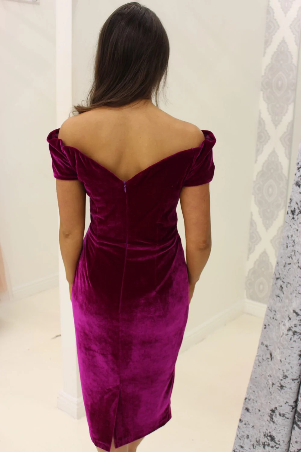 Magenta Velvet Bardot Midi Dress