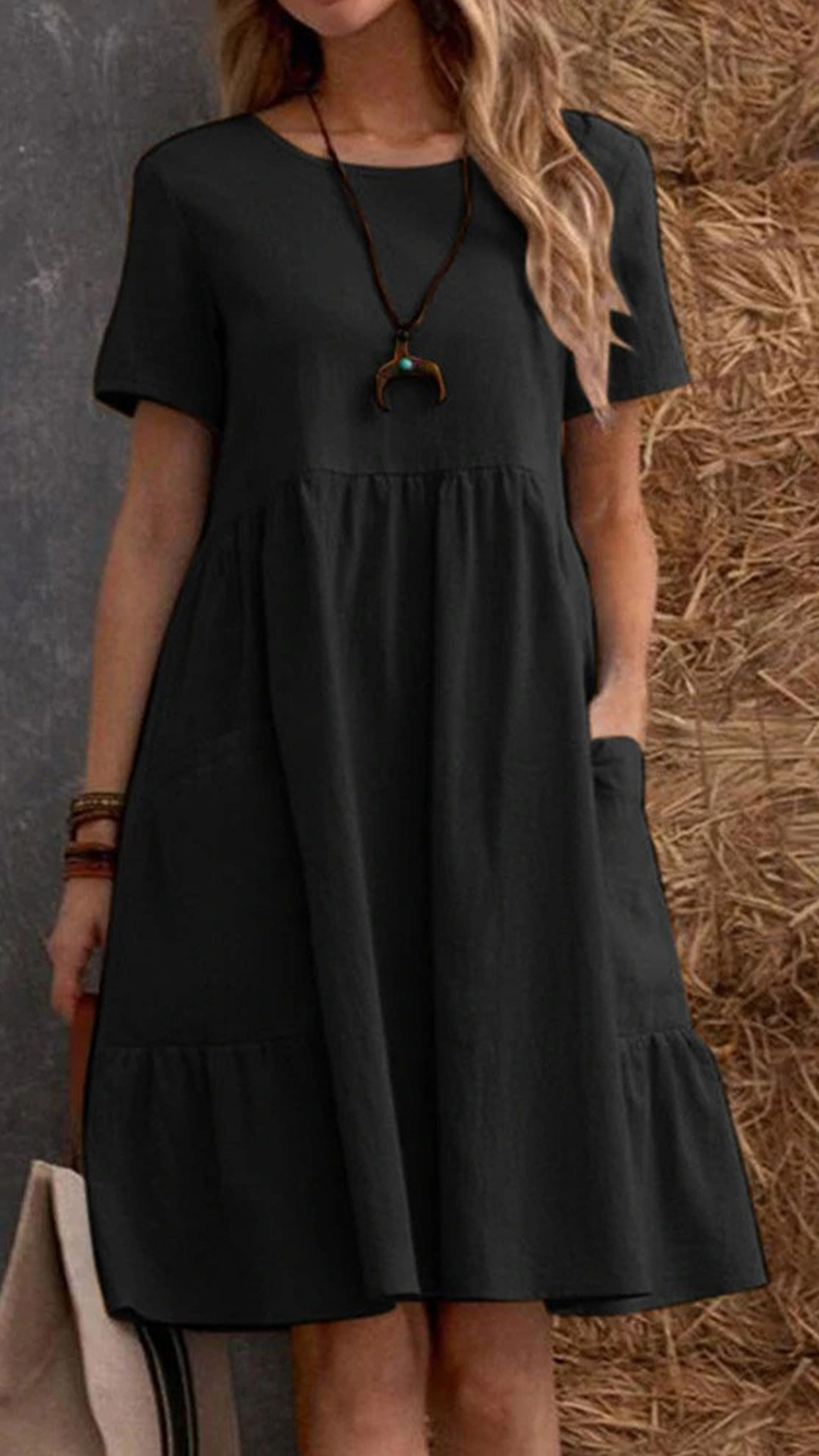 Women's Cotton-Linen Round Neck Ruffle Hem Dress - Nordfashionstorm - Women's Clothing, Fashion for You - Nordfashionstorm.com
