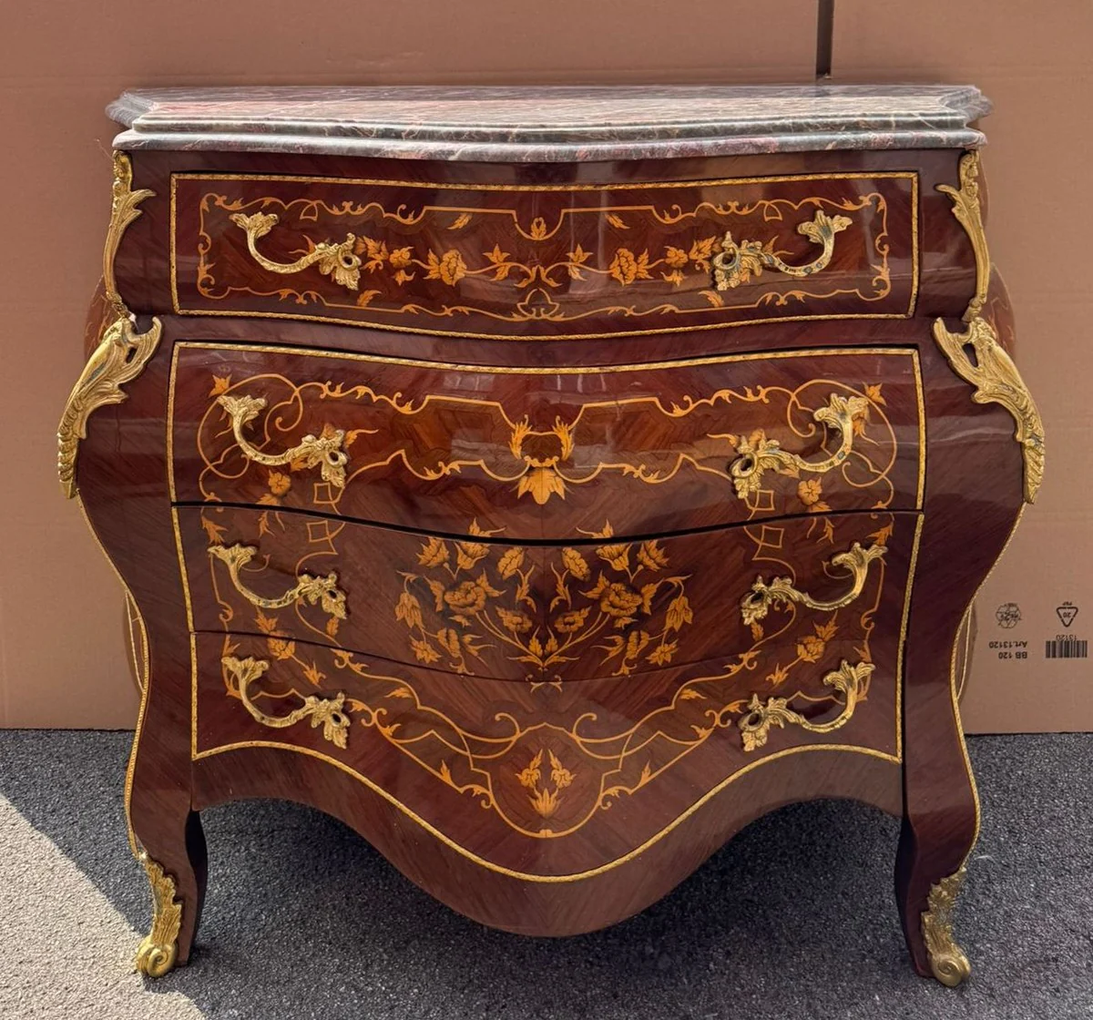 Baroque chest of drawers with 4 drawers and marble top brown inlay / gold / gray 100 cm