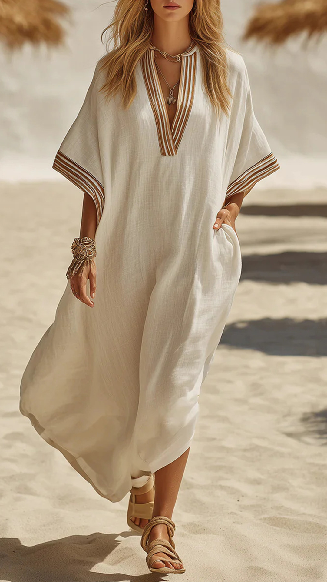 Women's Striped Trim Cotton-Blend Kaftan Dress - Nordfashionstorm - Women's Clothing, Fashion for You - Nordfashionstorm.com