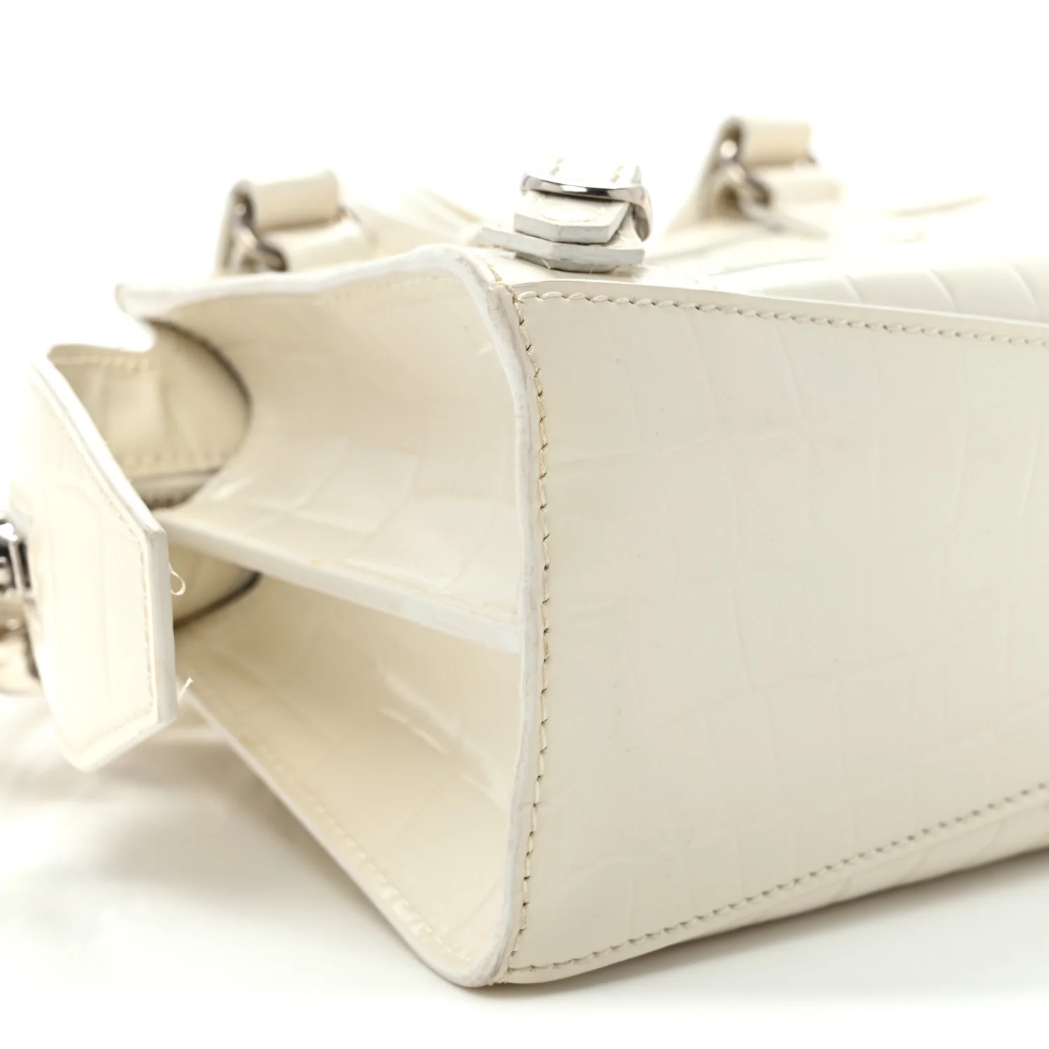 Semi Shiny Calfskin Crocodile Embossed Neo Classic Silver Hardware Nano City Crossbody White - Top Club