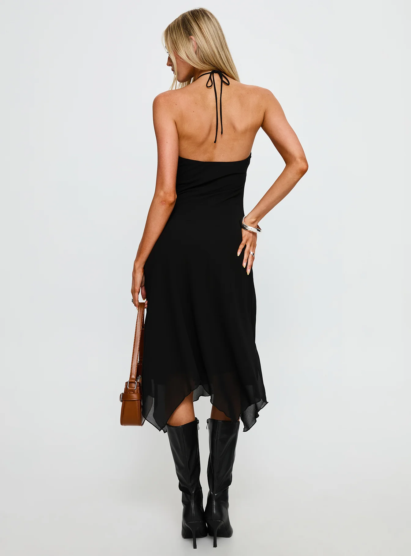 Naila Halter Lace Trim Midi Dress Black