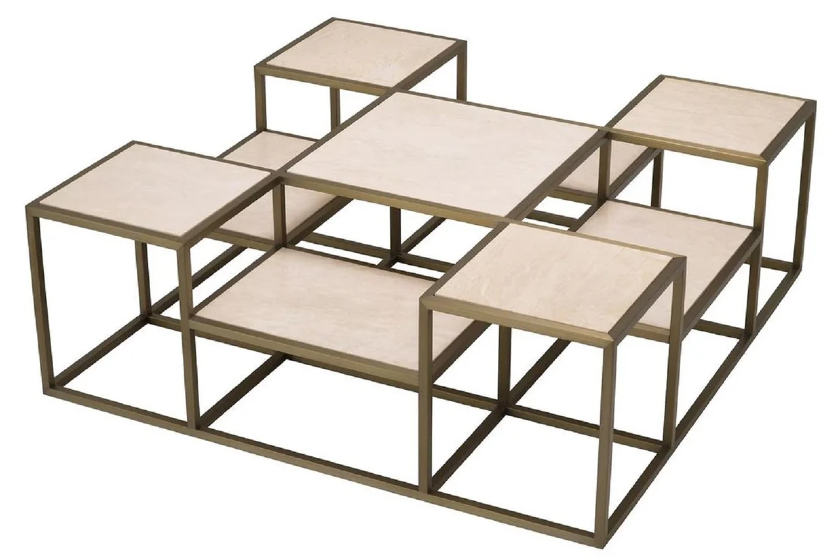Luxury coffee table brass / beige 120 x 120 x H. 41.5 cm - Square stainless steel living room table with travertine table tops - Living room furniture - Luxury furniture - Luxury furnishings