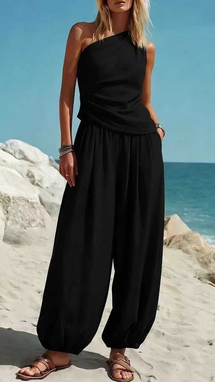Women's Sleeveless Vest and Loose High-Waisted Trousers Two-Piece Set - Nordfashionstorm - Women's Clothing, Fashion for You - Nordfashionstorm.com