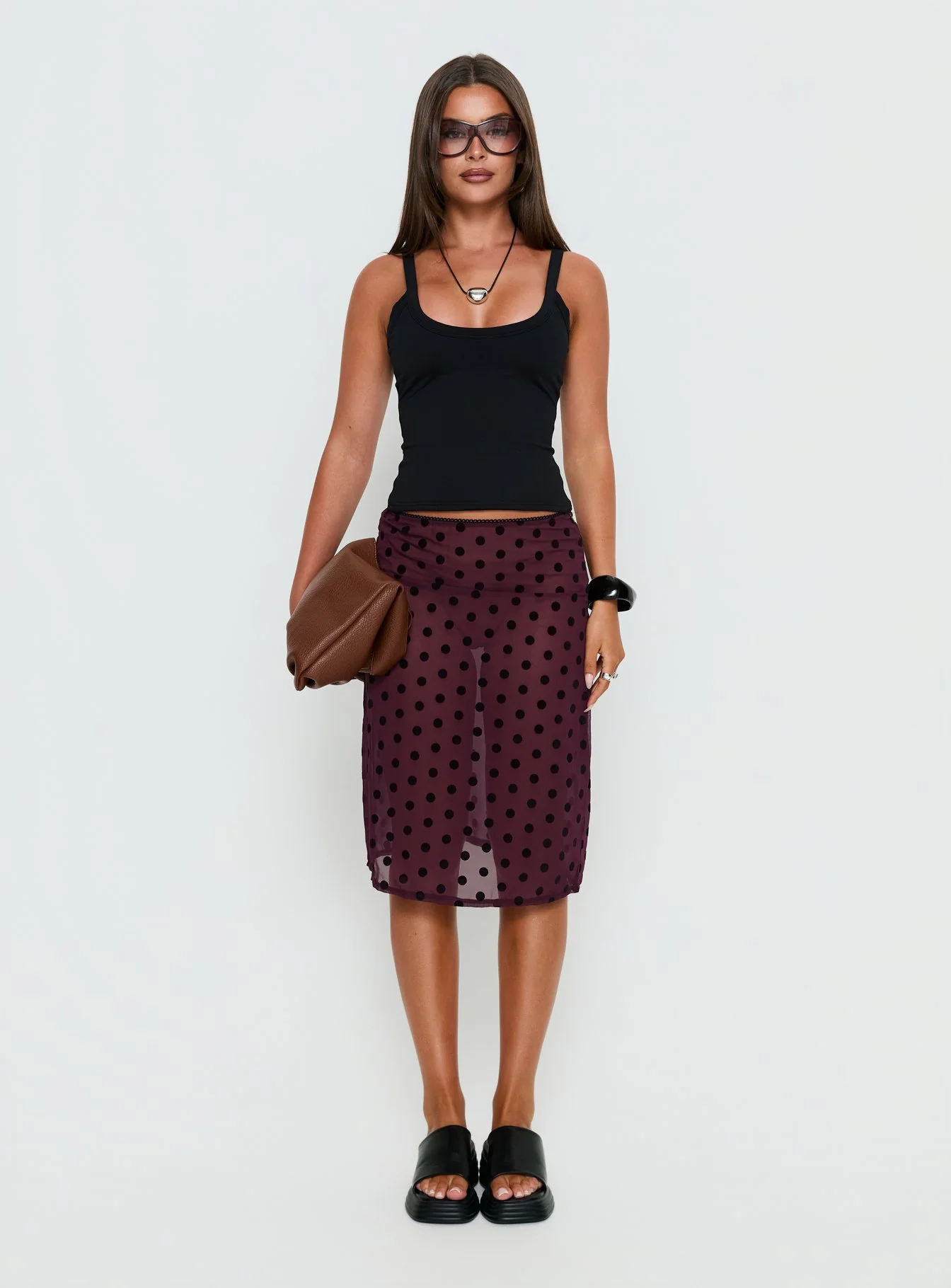 Evani Sheer Chiffon Midi Skirt Polka Maroon