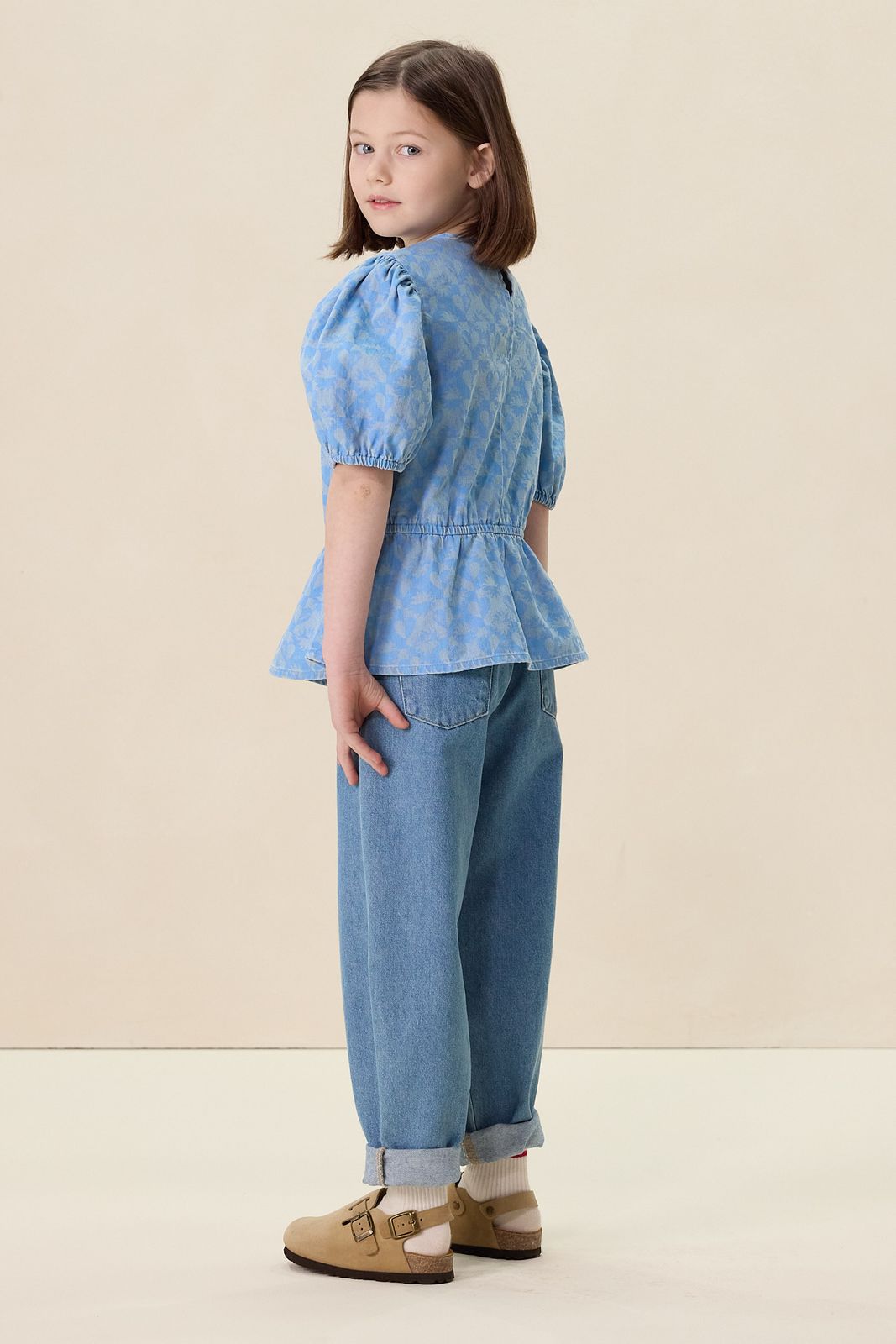 Lichtblauwe denim top met print