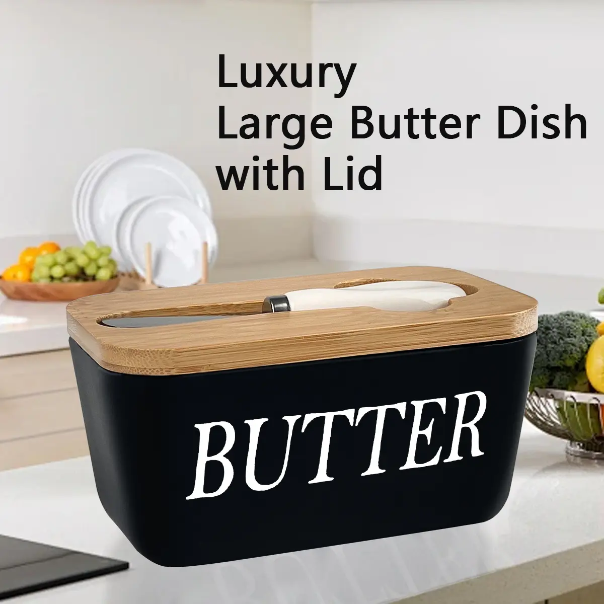 Luxury Large Reusable Ceramic Butter Dish with Silicone Airtight Lid - Leakproof Seal, Includes Knife Utensil, Easy-Clean Countertop Container, Kitchen Accessories for Home Chefs, Kitchenware Containers
