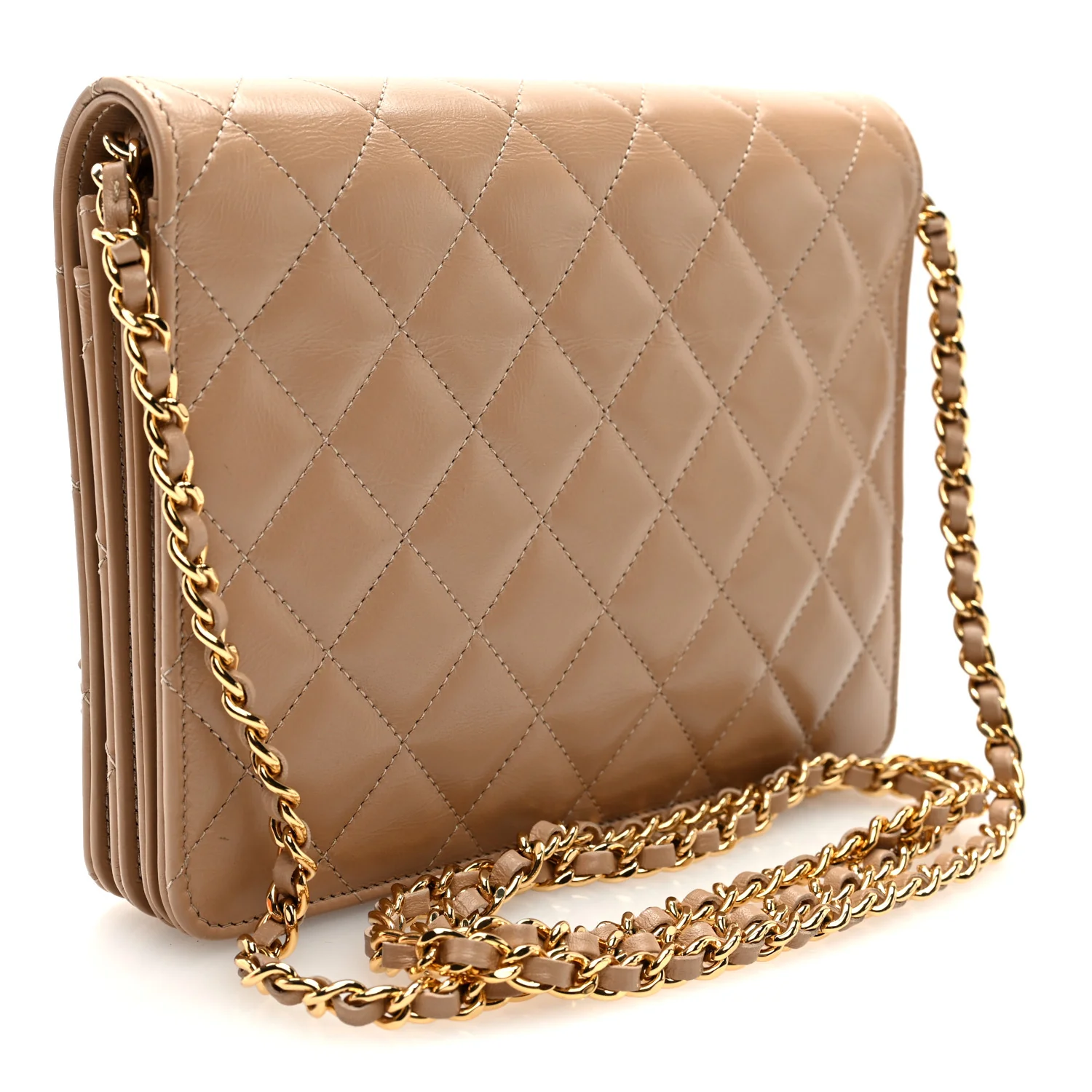 Shiny Aged Calfskin Quilted Clutch With Chain Dark Beige - Top Club