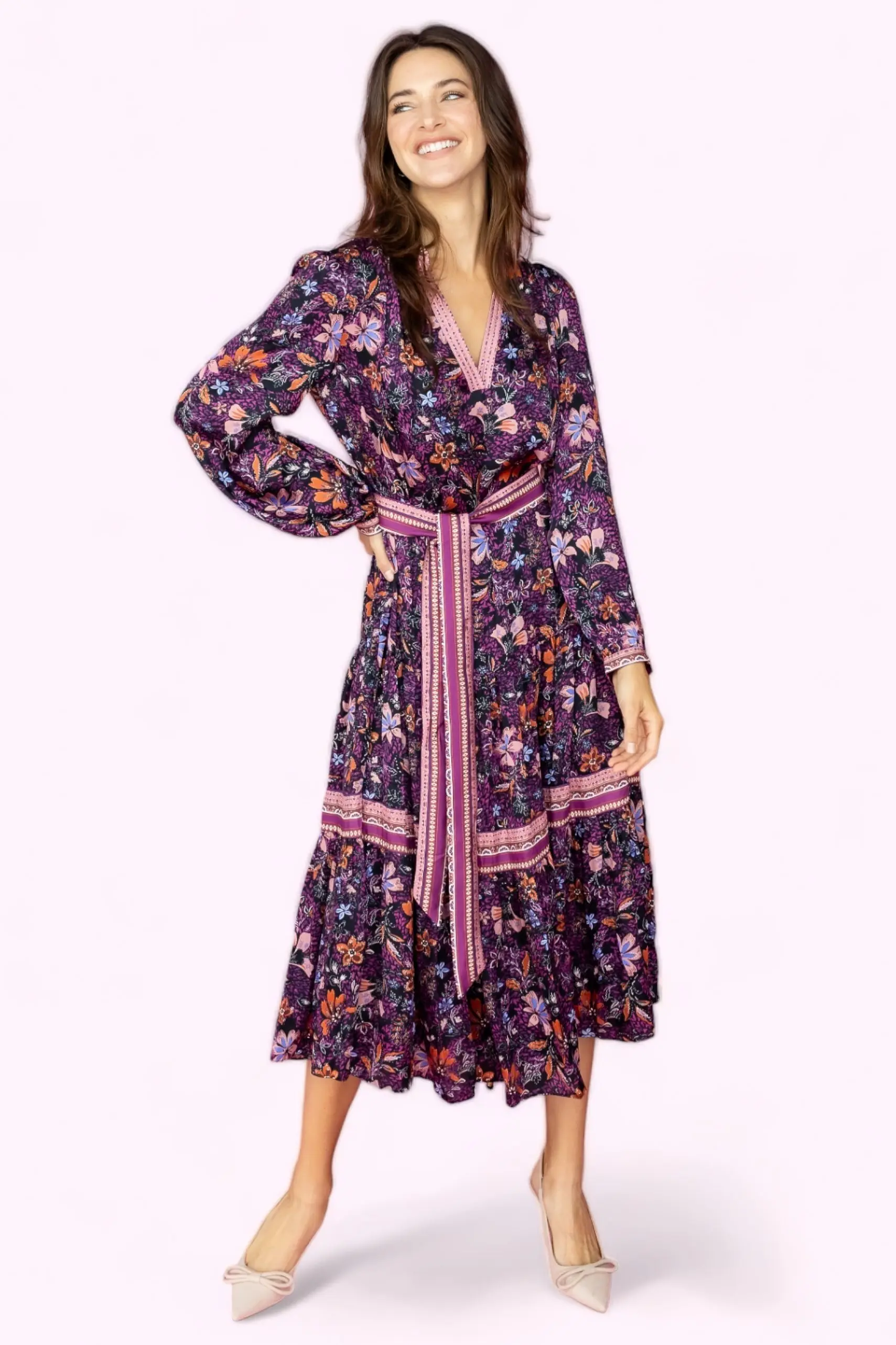 Live in the moment Floral Long Dress With Waist Belt - ALJEGJ
