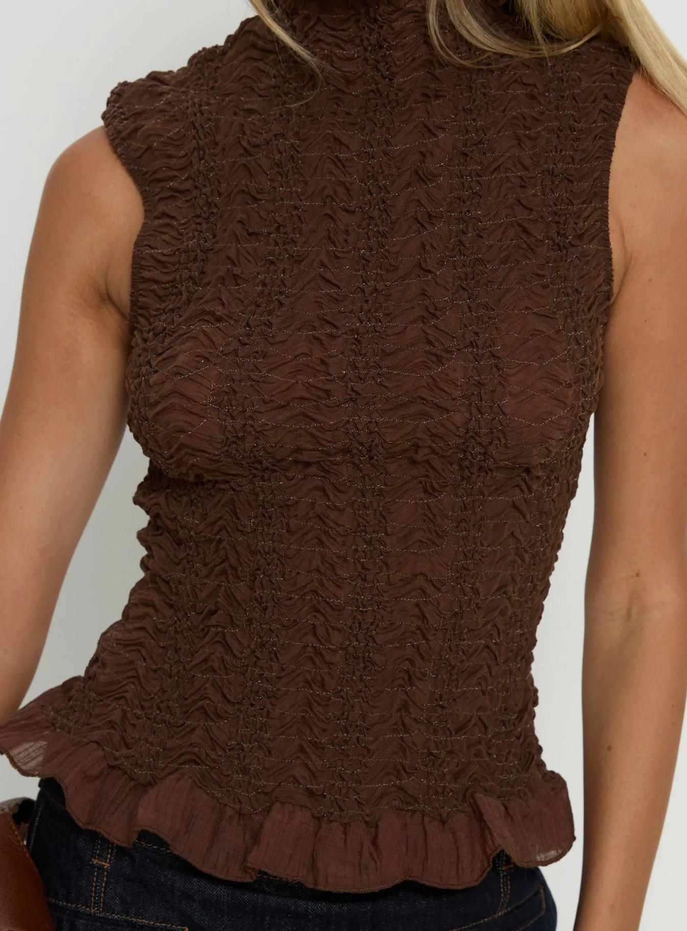 Danira High Neck Textured Top Brown