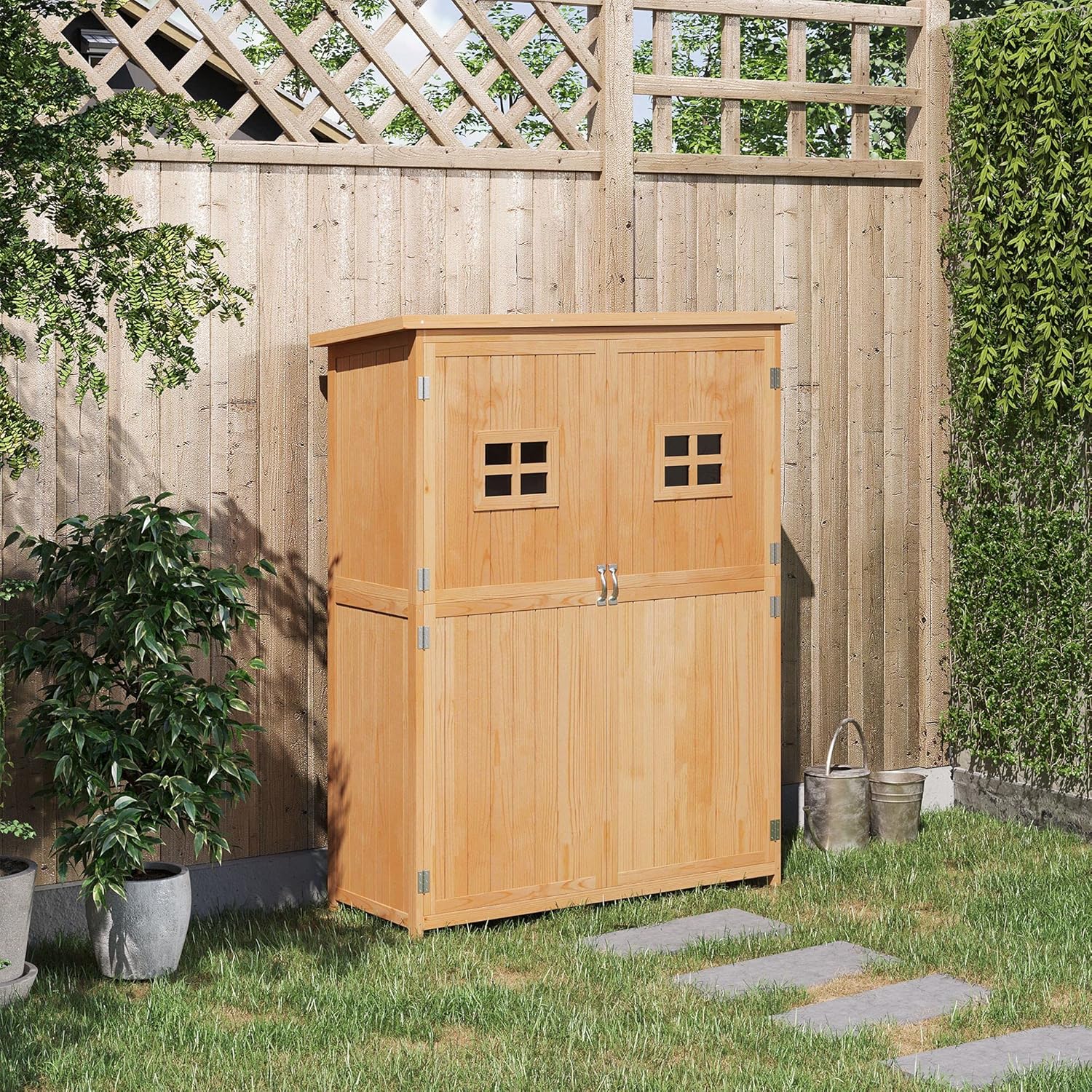 Outsunny Casetta da Giardino in Legno di Abete con Porta Doppia, Capanno Attrezzi con Mensole e Finestre, 127.5x50x164cm